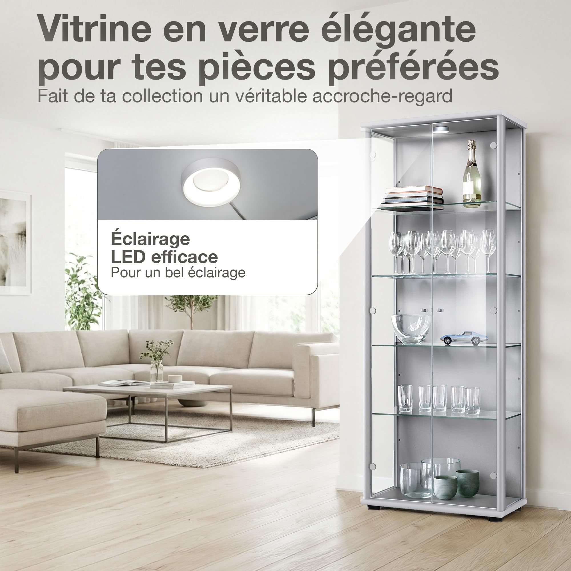 K-Möbel vitrine en verre en hêtre (176x37x33 cm) avec 4 étagères en verre réglables en hauteur,LED - modèle de voiture vitrine d'argent - armoire vitrine d'argent