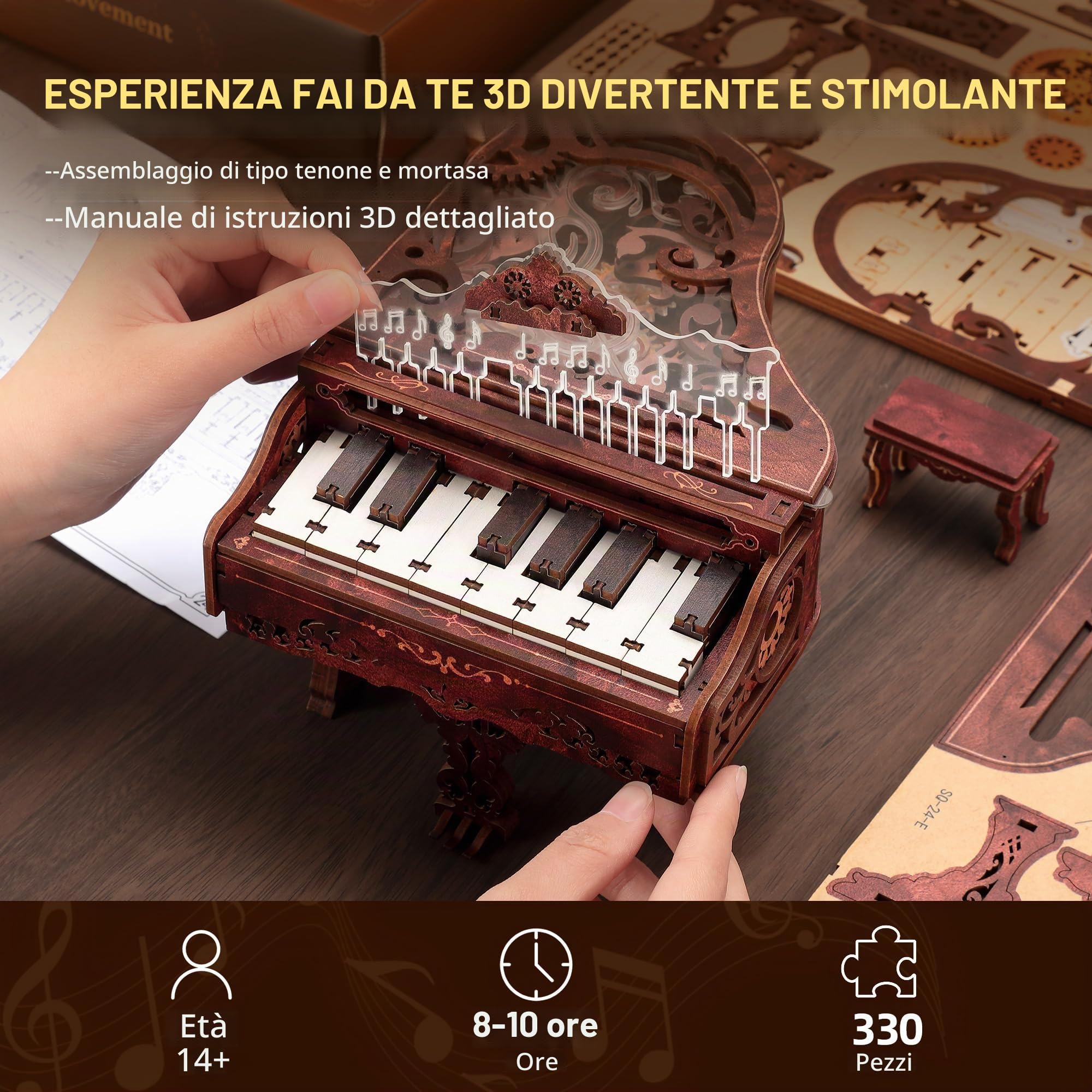 FUNPOLA Kit Puzzle Piano in Legno 3D con LED, Modello di Tastiera in Legno Funzionante con Luci LED, Kit di Artigianato Interattivo e Puzzle di Pianoforte Digitale per Adulti （14+）