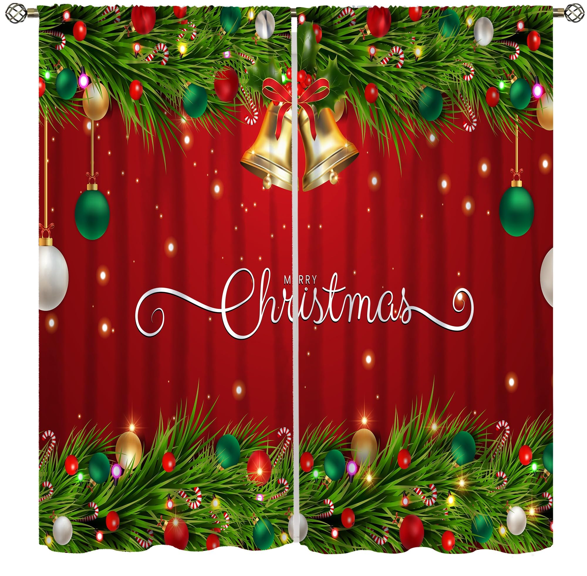wlsgdsg Christmas Bells Decor Curtains for Bedroom,Cartoon Red Christmas Tree Snowflake Lights Gift Bell's Window Drapes for Kids Living Room Kitchen