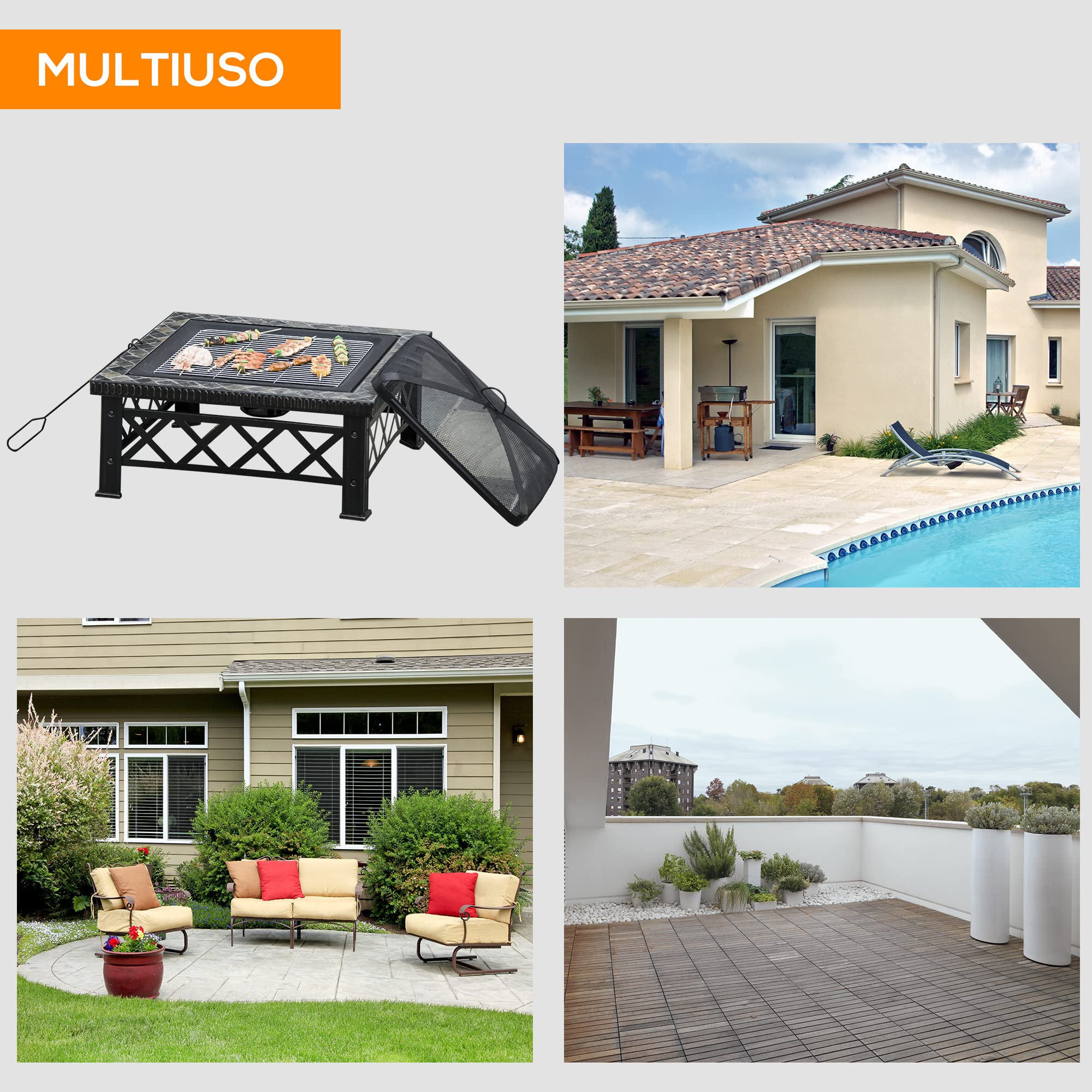 Outsunny Braciere da Giardino 76x76x47cm Nero con Coperchio Parascintille e Griglia per Barbecue