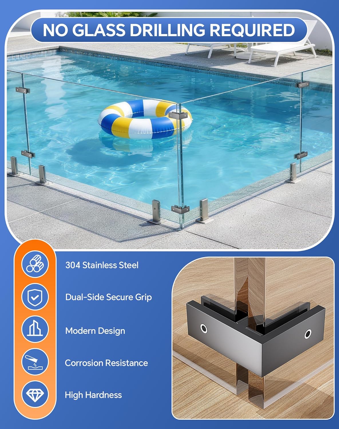 4 Pack Glass Clamp, 90 Degree Railing Clamp, 304 Stainless Steel Railing Clip for 3/8"-1/2" Thickness Glass, Double Sided Balustrade Bracket Holder for Fence, Deck