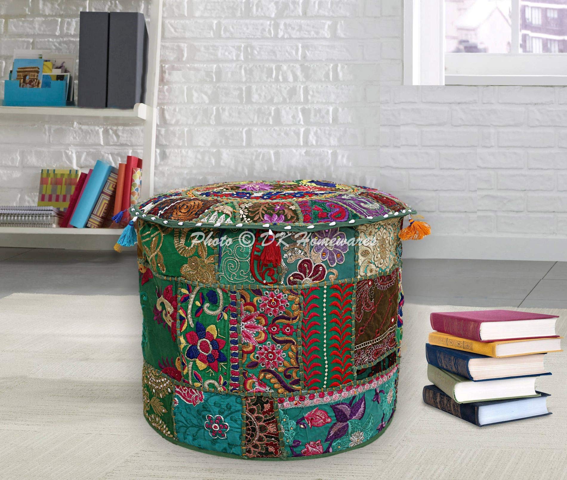 DK Homewares Indian Pouffe Foot Rest Vintage Patchwork Dark Green Round Footstool Home Decor Cotton Embroidered Hassock Pouf Ottoman Cover Floral Traditional 18x18x13 - COVER ONLY