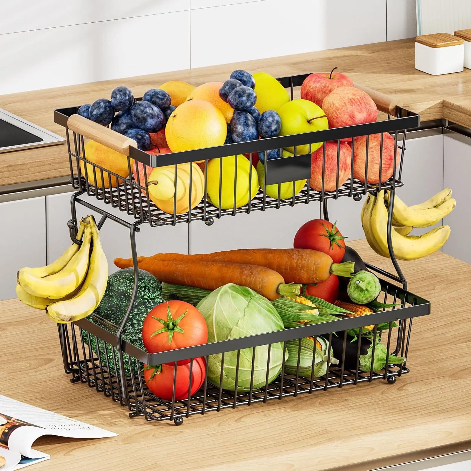 Scolapiatti 33 * 29 cm portaoggetti staccabili for frutta e verdura da cucina, vassoi a doppio strato, display domestico, a mano in legno, SS(White)