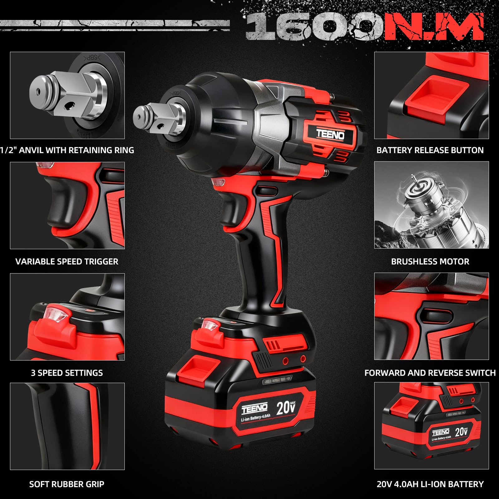 TEENO Avvitatore a Impulsi 1600 Nm, 1/2" Brushless Avvitatore ad Impulsi con 2 Batterie da 4000mAh, 2400 RPM e testine adattatrici e caricatore rapido, Avvitatori a Massa Battente per Auto Casa