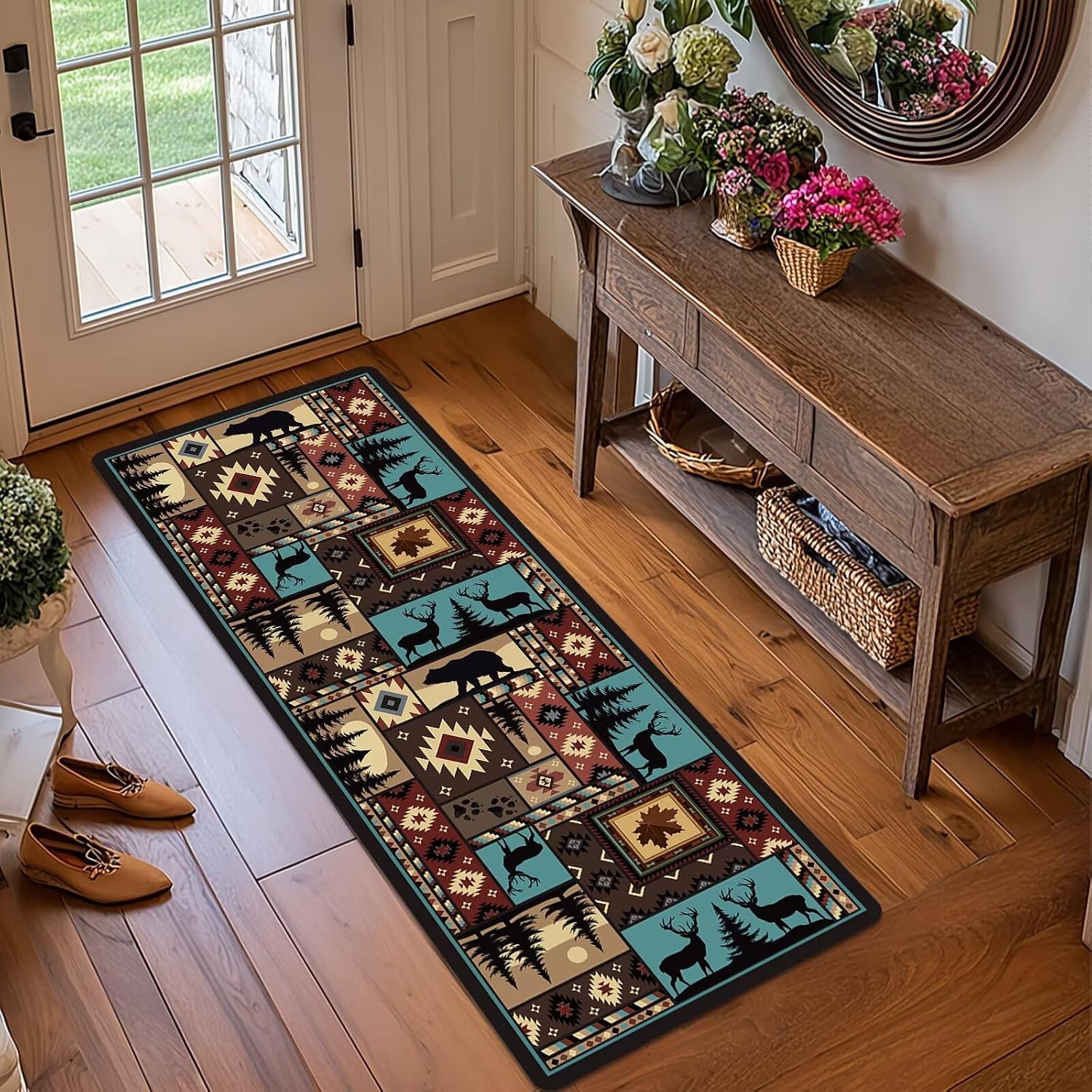 Cabin Runner Rug 2x6 Hallway Rugs,Deer Country Lodge Bear Wildlife Rustic Entryway Rugs Southwestern Rug Indoor Entrance Door Mat Washable Kitchen Runners Non Slip Accent Throw Area Carpet for Hallway