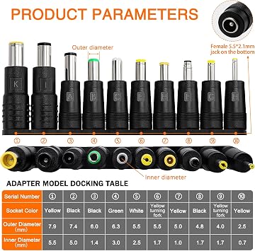 Universal DC Power Adapter Tips Kit, KUOQIY 10-in-1 5.5 X 2.1mm DC Barrel Jack Adapter, with 2 PCS Cable, for Fans, Routers, Desk lamps, Computers