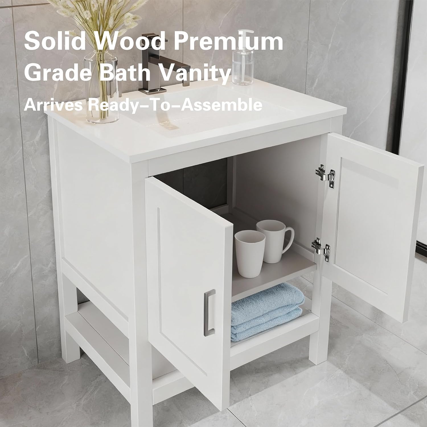 24" White Freestanding Solid Wood Premium Grade Bath Vanity with Open Shelf Sink Base Cabinet Without Top (White Monterey, 24" Wx21 Dx34.5 H)