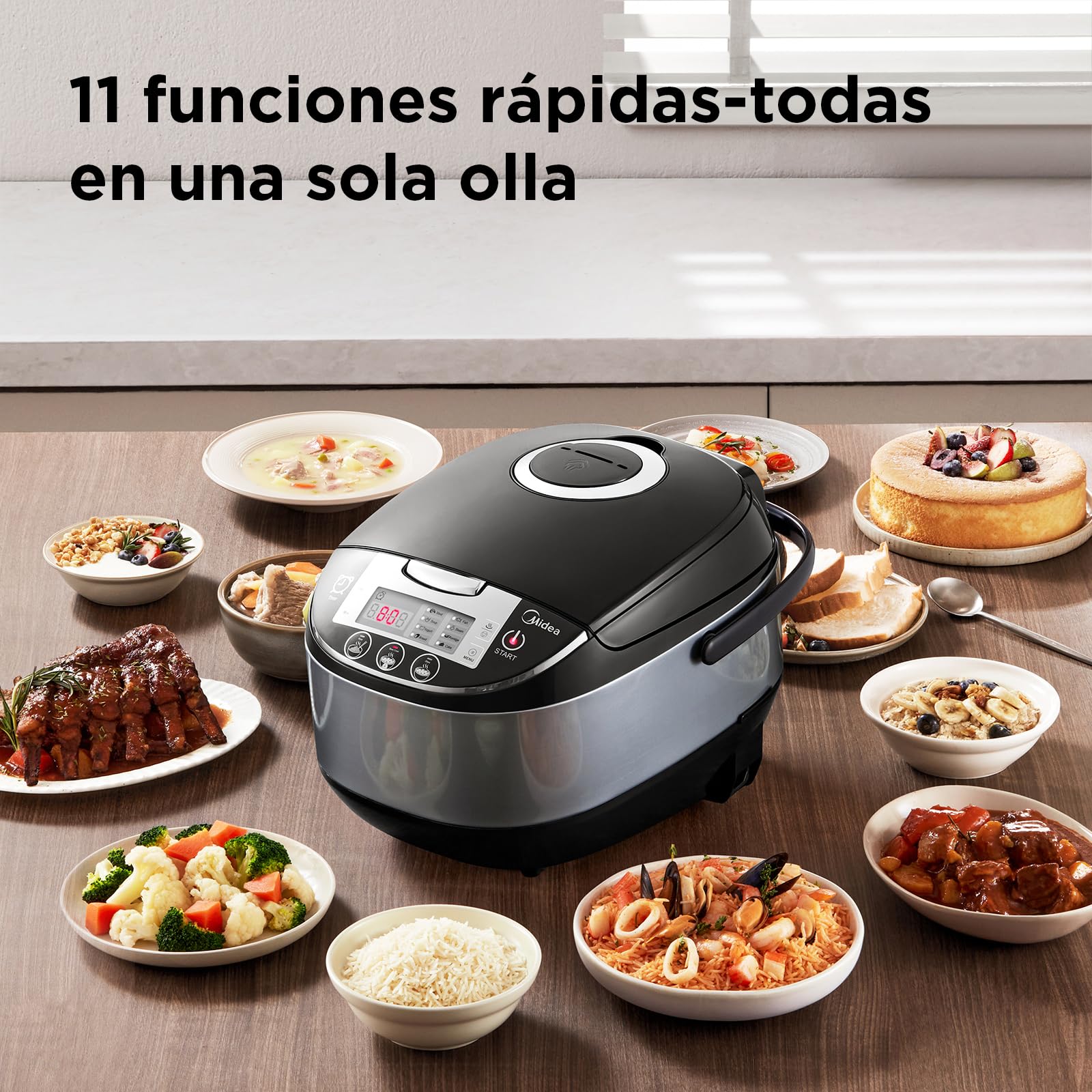 Midea Olla Arrocera Multifuncional con Vaporera (10 Tazas, 1,8 Litros) 11 Funciones Multicocción, Pantalla LED, Calentador, Temporizador, Olla Interior Extraíble Antiadherente (Negro)