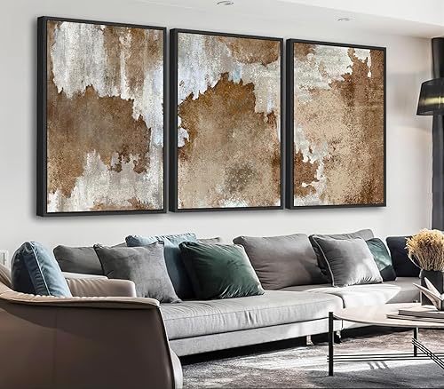 Arte de pared abstracto con marco grande  Cuadros de lienzo enmarcados naturales para sala de estar, impresiones modernas de lienzo retro marrón