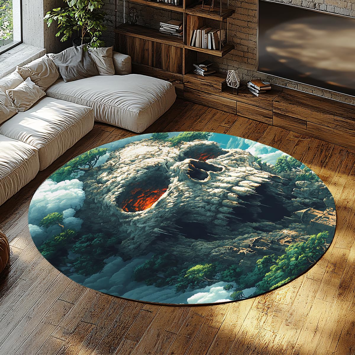 150cm（Rotondo） Tappeto Rotondo Montagna Teschio Fantasy Lavabile | Tappeto antiscivolo Horror Halloween Indoor Carpet per casa nel corridoio