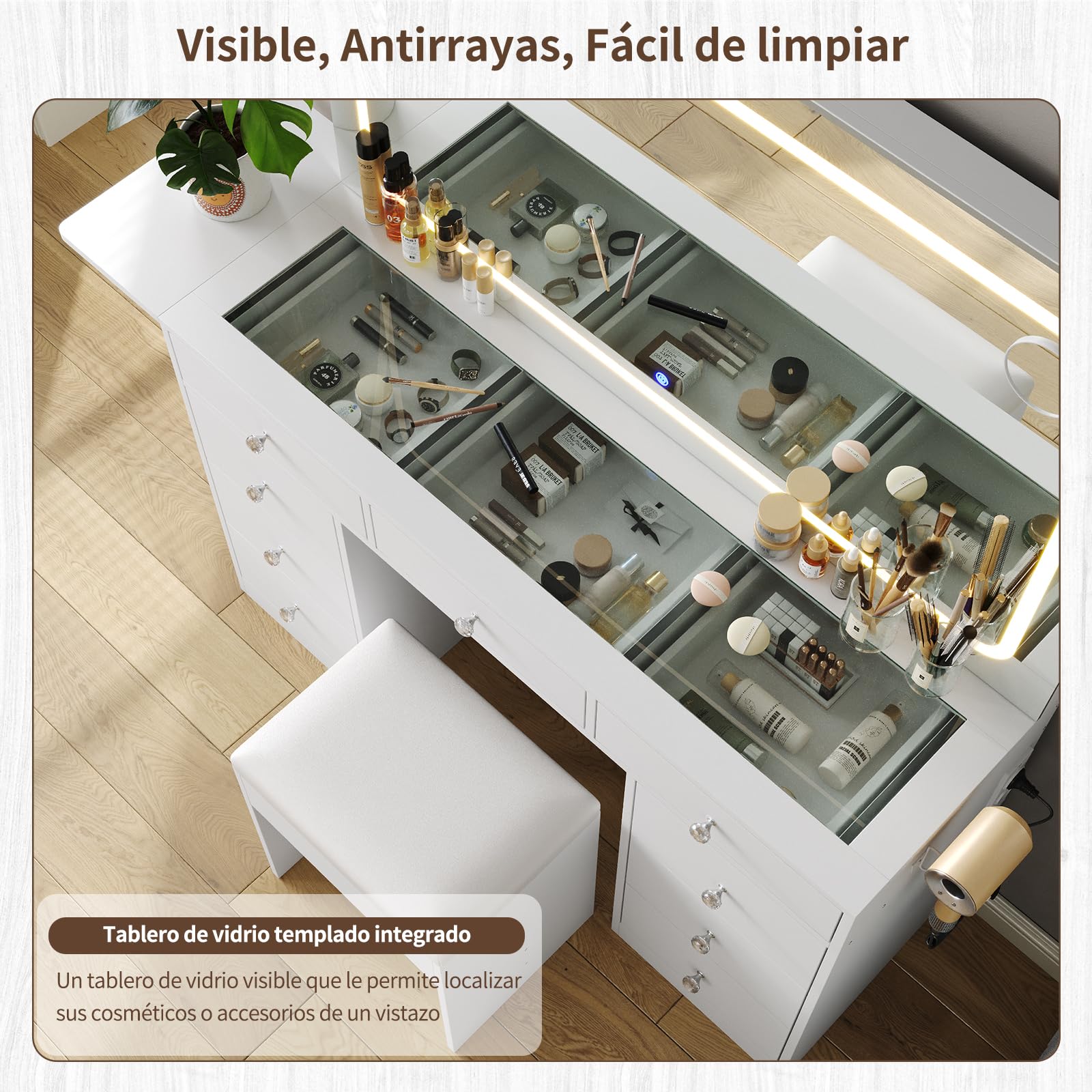 Yanosaku Tocador de Maquillaje con Espejo LED y Taburete, 9 Cajones, Mesa de Cristal y Tomas de Corriente, 3 Modos de Luz Regulables, Panel Plegable, Tocador Moderno Blanco para Dormitorio