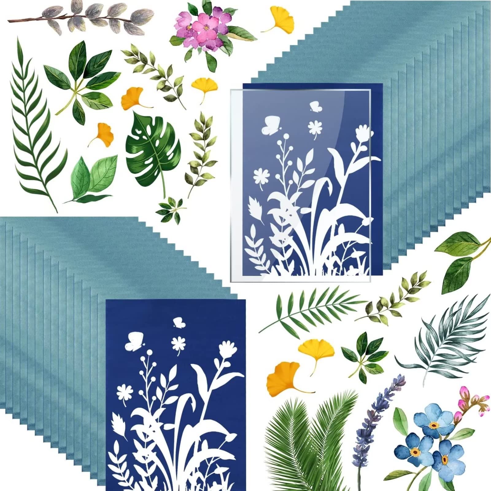 runrayay Cyanotype Sun Print Paper Kit, 32 Sheets Cyanotype Papers with 1 Sheet Acrylic Panel