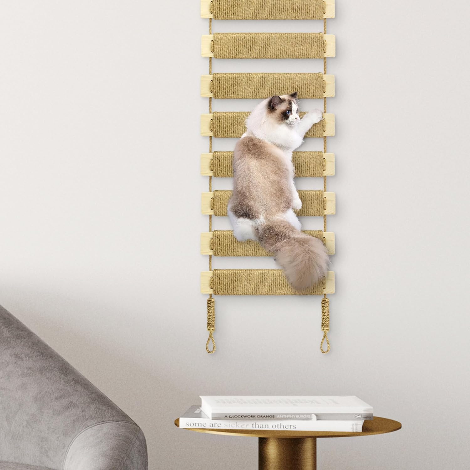 Multi-Functional Cat Ladder & Bridge - Sisal Rope Climbing Frame Wall Furniture for Indoor/Outdoor Cats, Cage Accessories, Parrots, Small Pets (Wood Tone - 40in)