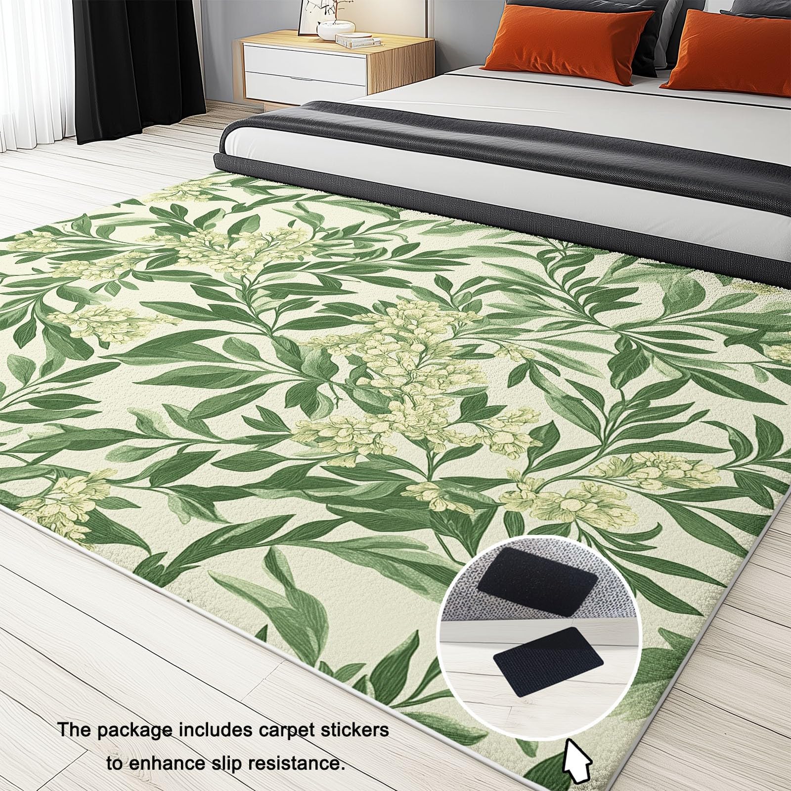 Générique Tapis 160 x 230 cm Salon Chambre à Coucher Bureau, Doux et Antidérapant Lavable en Machine Tapis Décoratif Intérieur Motif Plantes Vert Sauge et crème