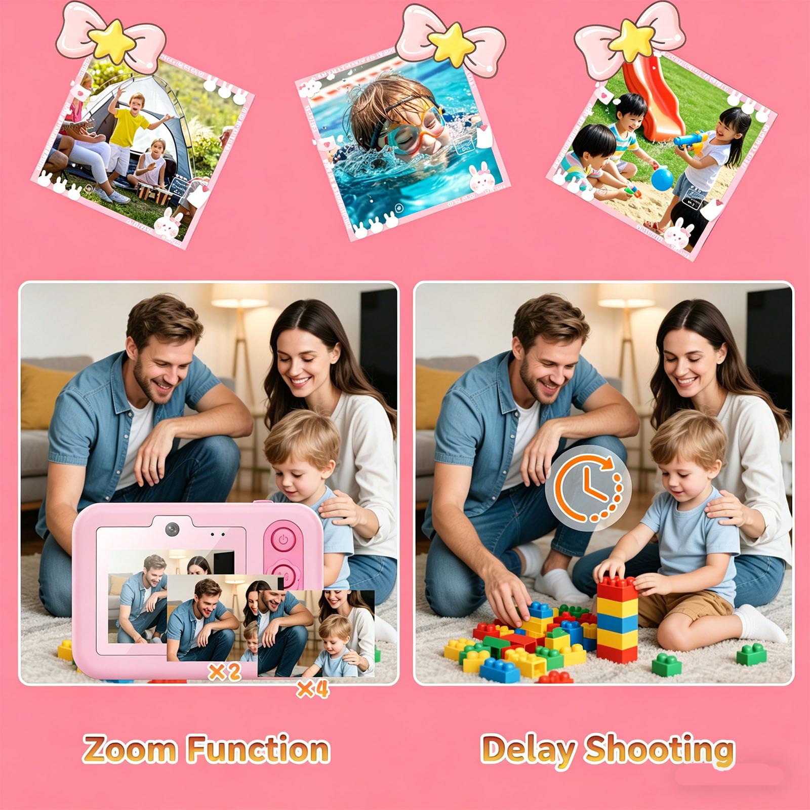 Cámara de aventura para niños, pantalla LCD de 2.4 pulgadas, tarjeta de memoria de 32 GB, juegos integrados, efectos divertidos para pequeños fotógrafos, cámara digital para niños