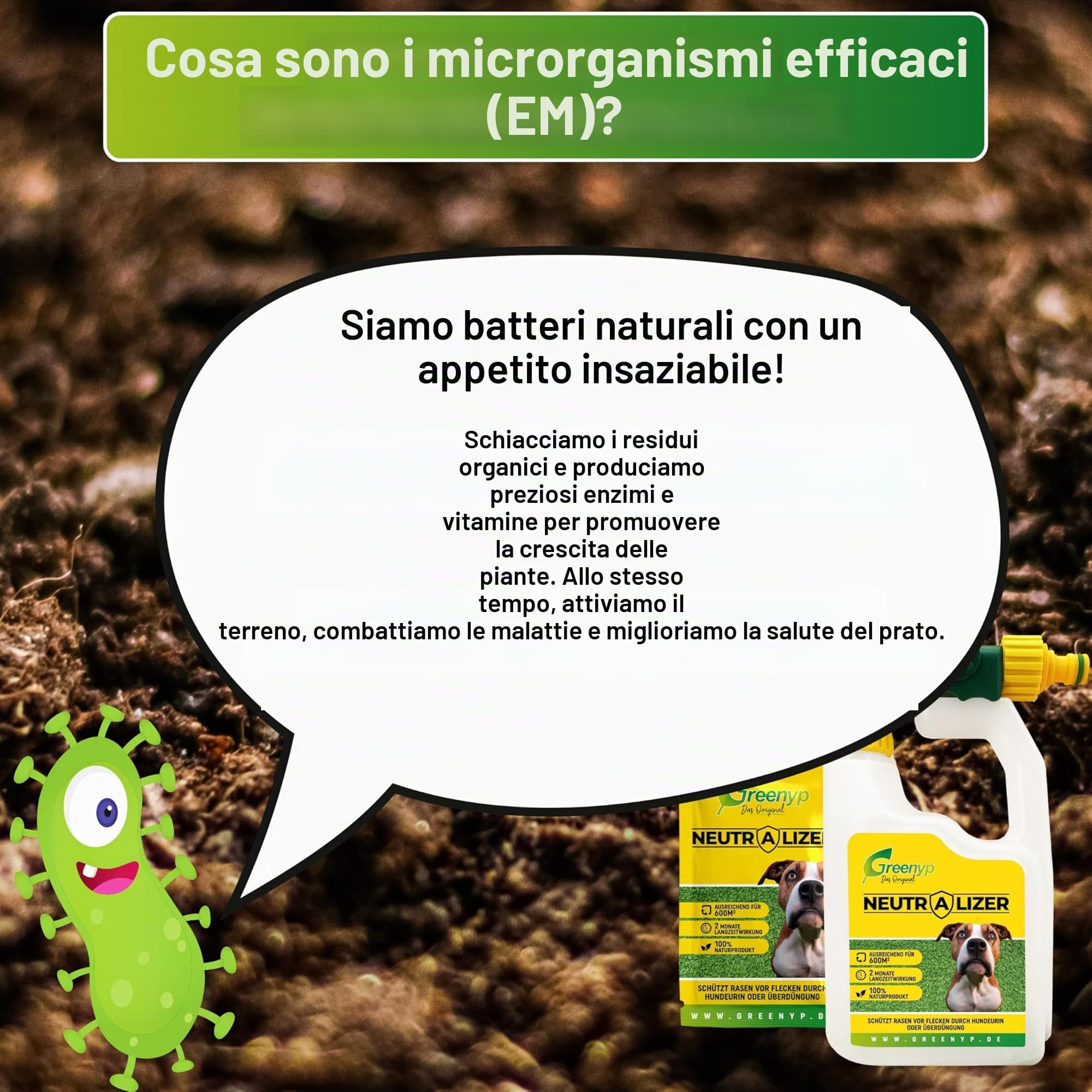 Greenyp Neutralizer - Protegge il prato dalle macchie di urina di cane I Neutralizza l'urina grazie a microrganismi efficaci I 100% attivo organico per il terreno del prato I Tanica con 2x 12g per