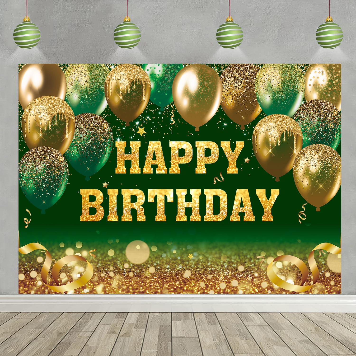 Gold and Green Happy Birthday Backdrop Glitter Balloon Sequin Bokeh Birthday Photography Background for Women Men Kids Birthday Party Decoration