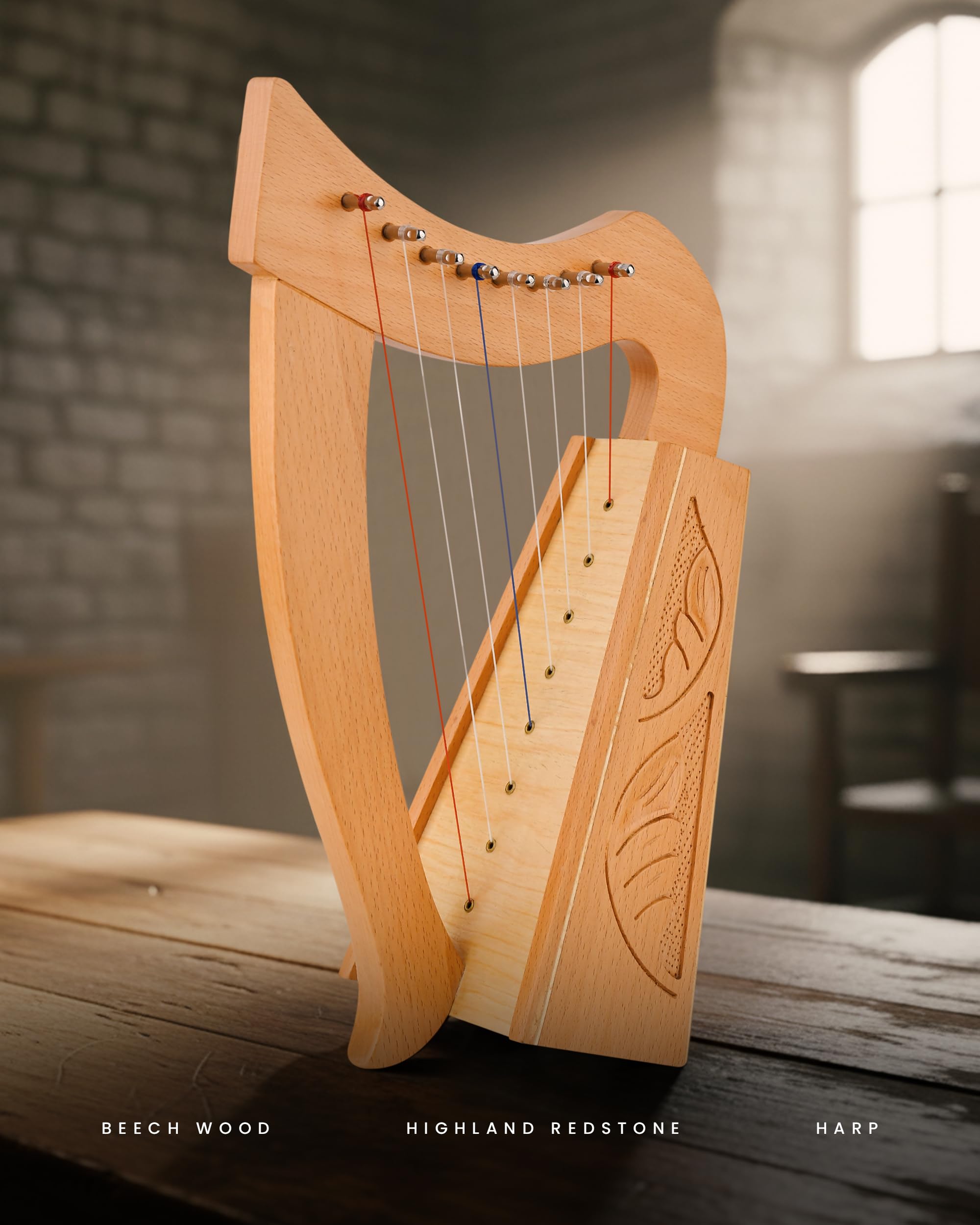 Mini Keltische Harfe 8-saitig | Massives Buchenholz Handgefertigte Folk Harfe mit 3D-Schnitzerei & natürlichem Finish - Tragbares keltisches Instrument für Anfänger & Profis