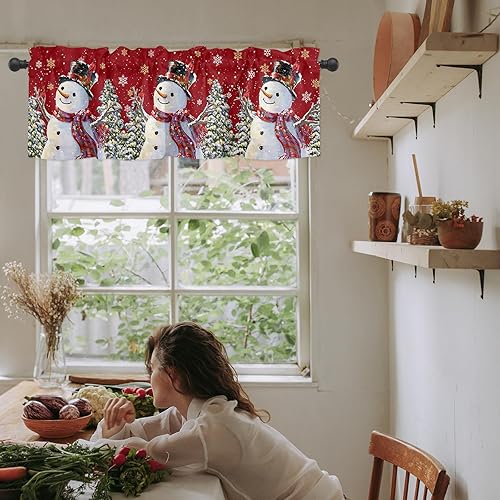 Miniatura 6 de Cenefas de Navidad para cocina, muñeco de nieve, fondo rojo cardenal del norte, cenefa de cocina, cortinas cortas con bolsillo para barra,