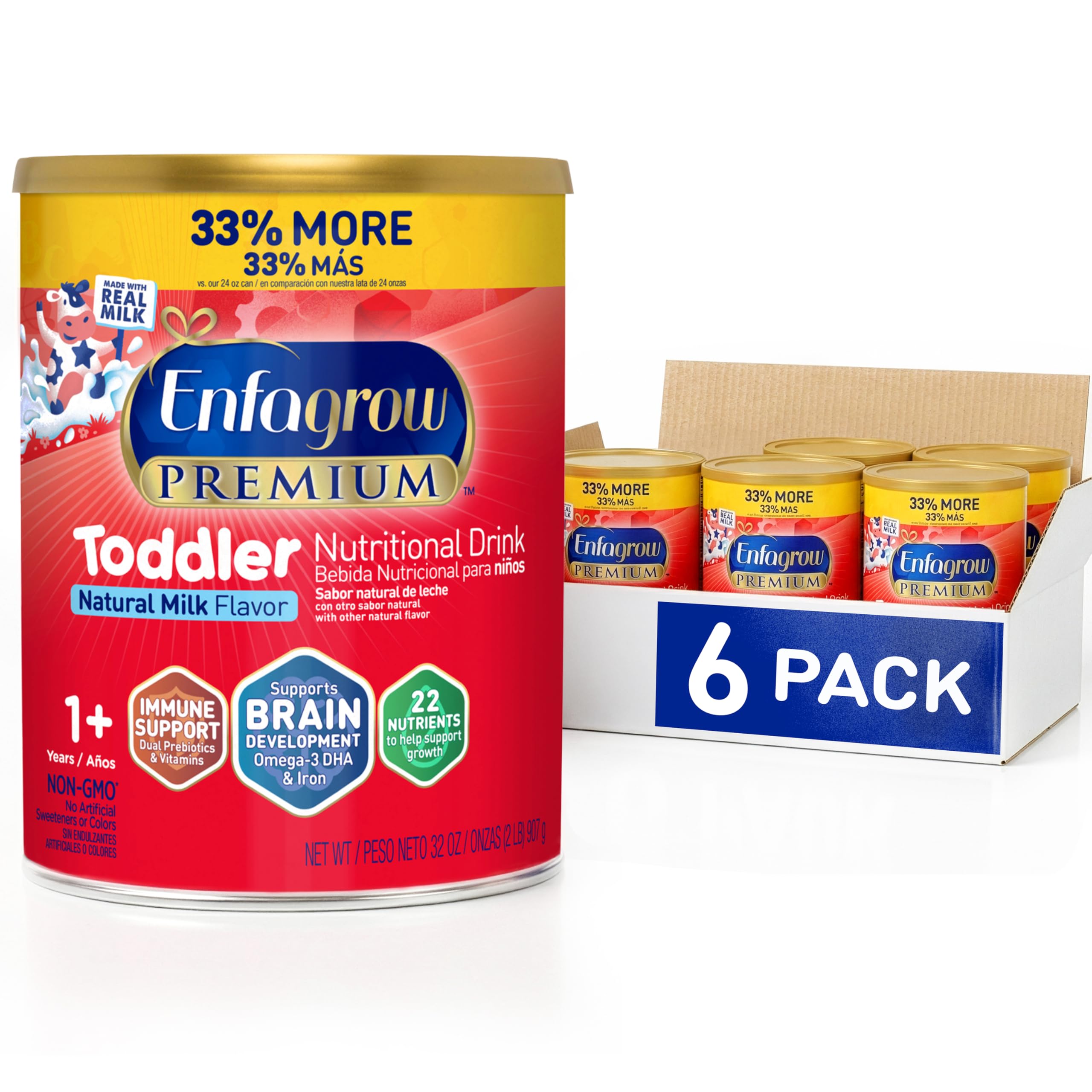 Premium Toddler Milk Nutritional Drink, Enfagrow Toddler Drink, Try Our Brain-Supporting Trio, 32oz Can, 6 Pack