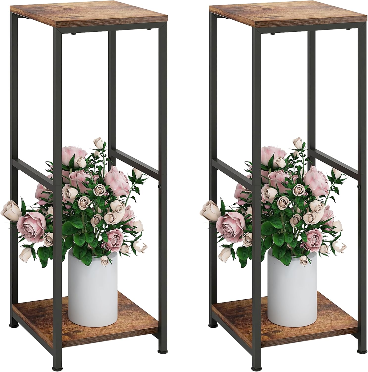 32 inch Tall Metal Wood Plant Stand, Tier Potted Plant Shelf for Indoor, Flower Pot Holder for Corner Living Room Patio Balcony Garden, Kitchen and Bathroom Display Rack, Brown 2 Tier-2 Pack