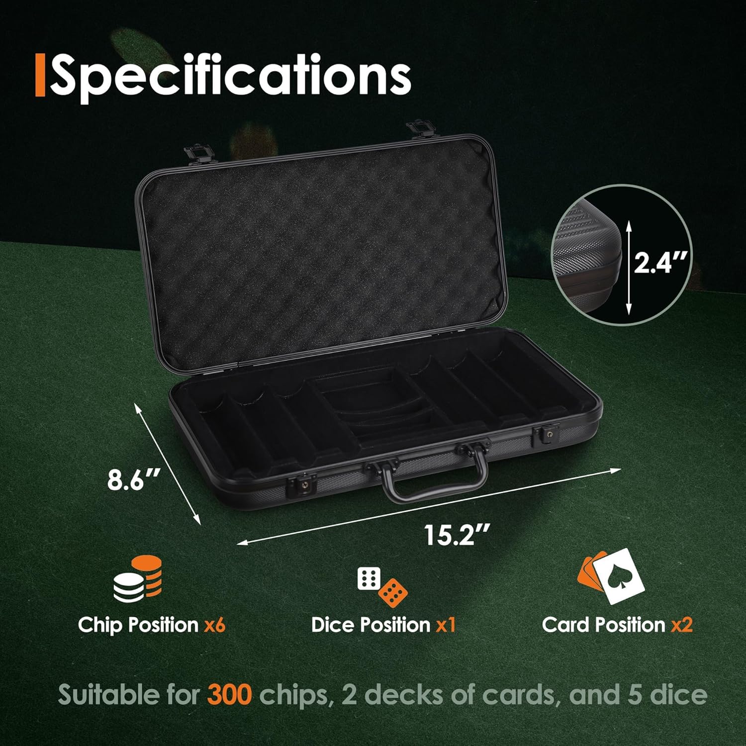 ORIENGEAR ABS Poker Chip Case, 300PCS of 40mm Poker Chips, Black Empty Poker Chip Case with Reinforced Strong Sturdy Design Providing Full Protection, Professional Poker Chip Storage Solution