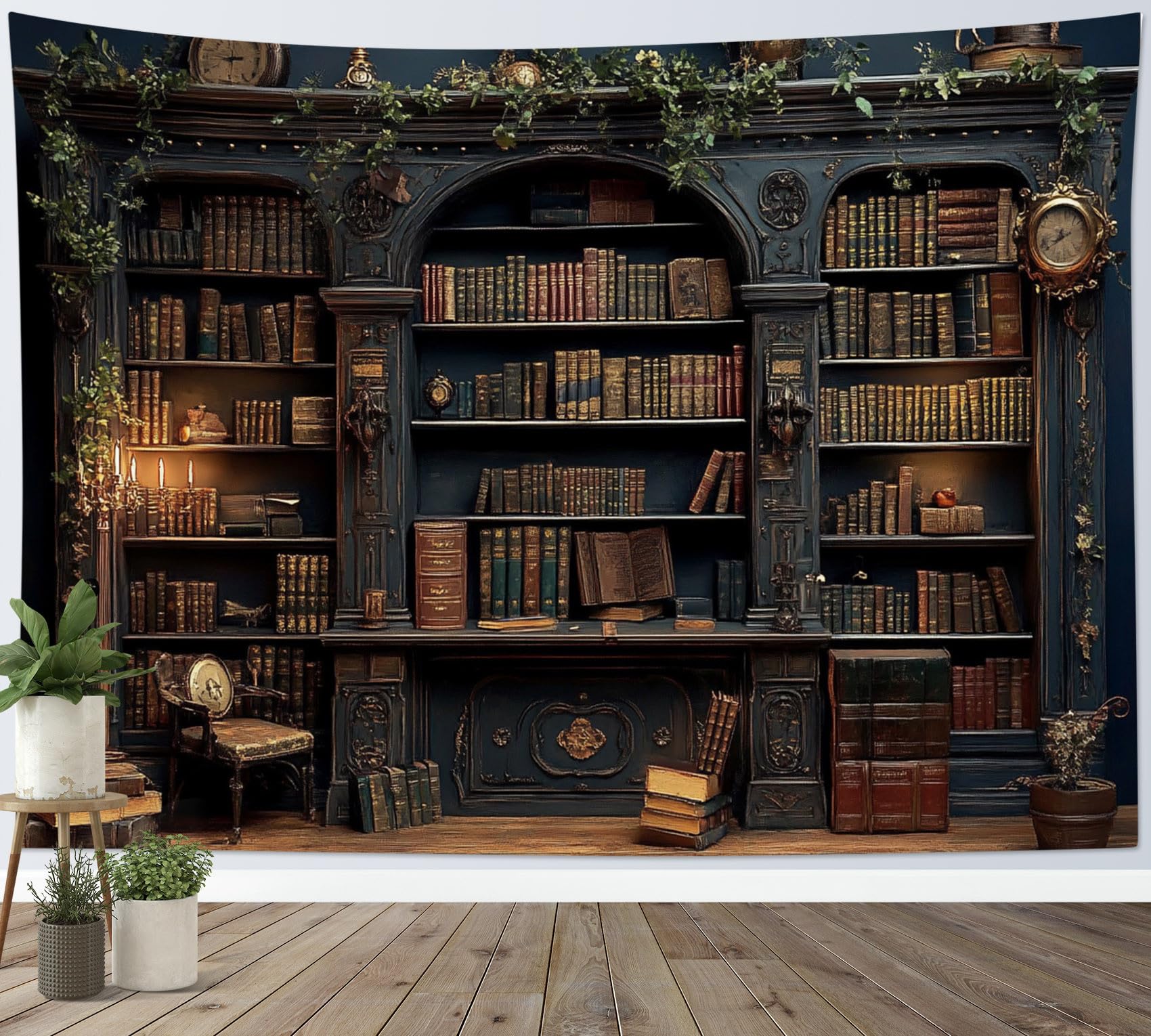LB Vintage Bookshelf Tapestry Magical Brown Books on Retro Shelf with Green Leaves Tapestry Wall Hanging Witchy Library Tapestries for Living Room Bedroom Dorm Wall Decor,59x51 inch โ image 1