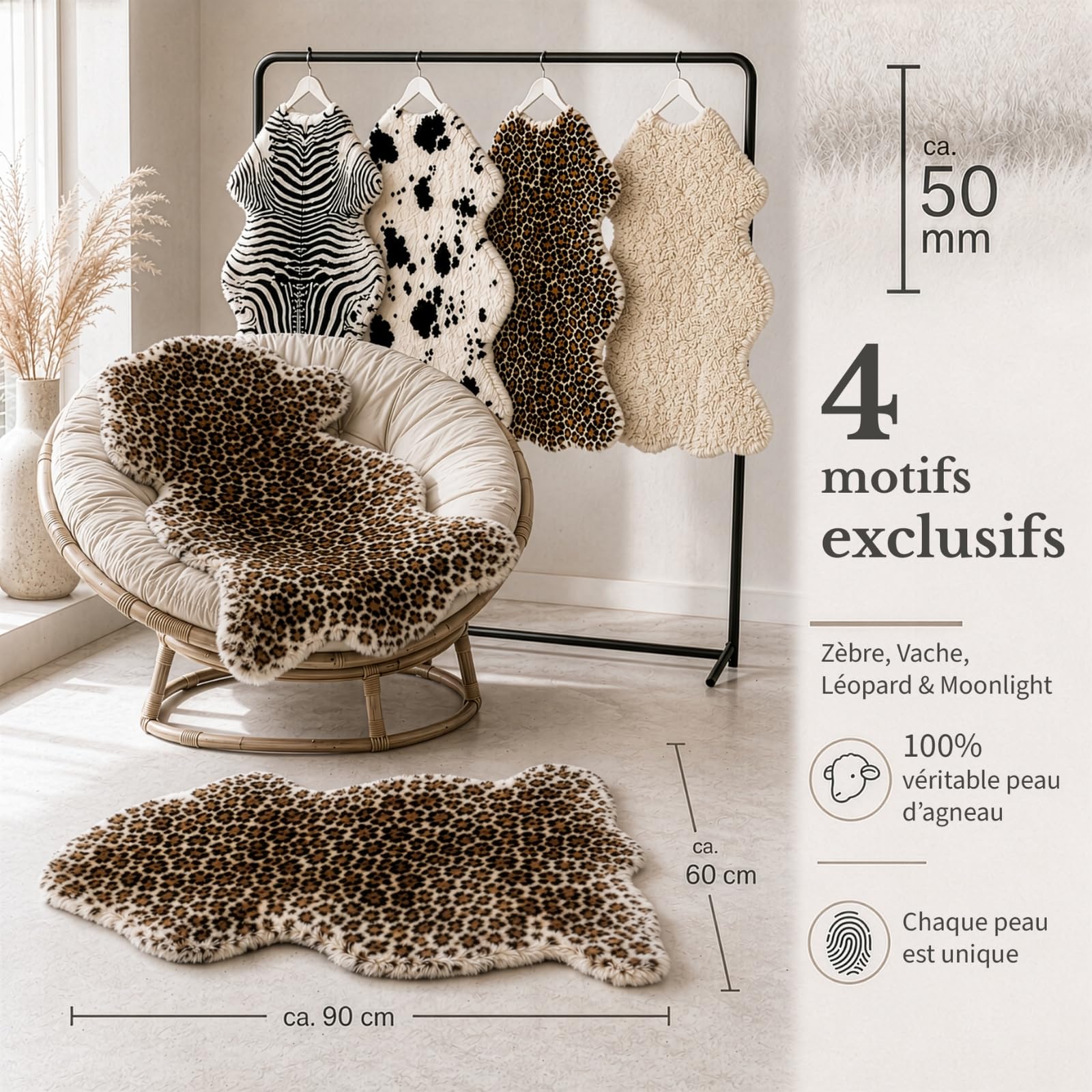 KARAT Peau de Mouton Design Audrey - Véritable Peau d'agneau en 100% Laine de Mouton - Couvre-Siège Doux, Thermorégulateur et Décoratif (Leopard)