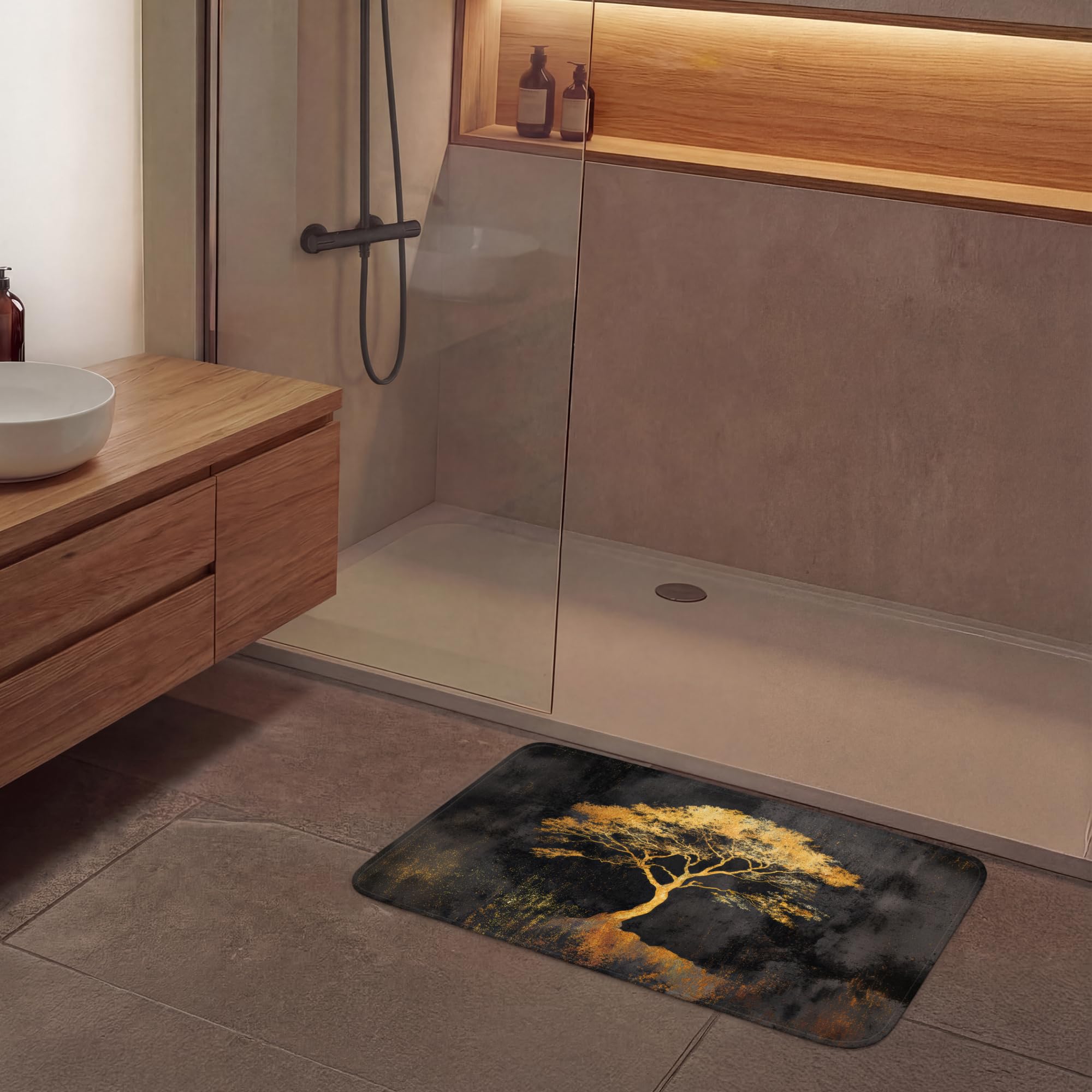 Alfombras Baño Rectangular 90x60 cm Alfombra Ducha Lavable Tapete Bath Mat Non Slip Antideslizante Bathroom Decoracion Shower Árbol - Pintura - Oro - Abstracto