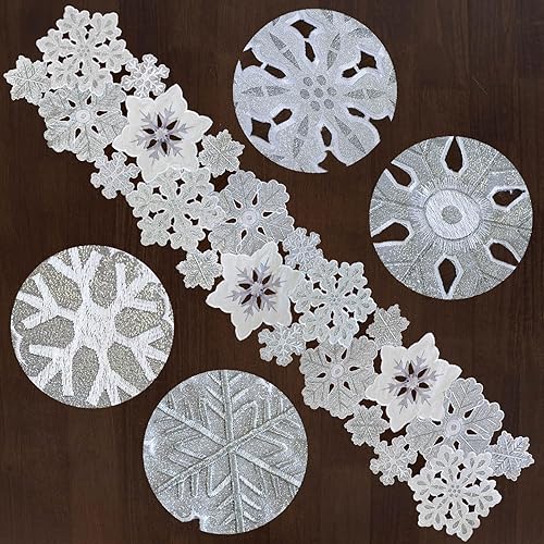 Miniatura 2 de Grelucgo Camino de mesa bordado a máquina y cortado a mano con copos de nieve gris plateado y blanco para vacaciones de Navidad (13.5 x 108 pulgadas)