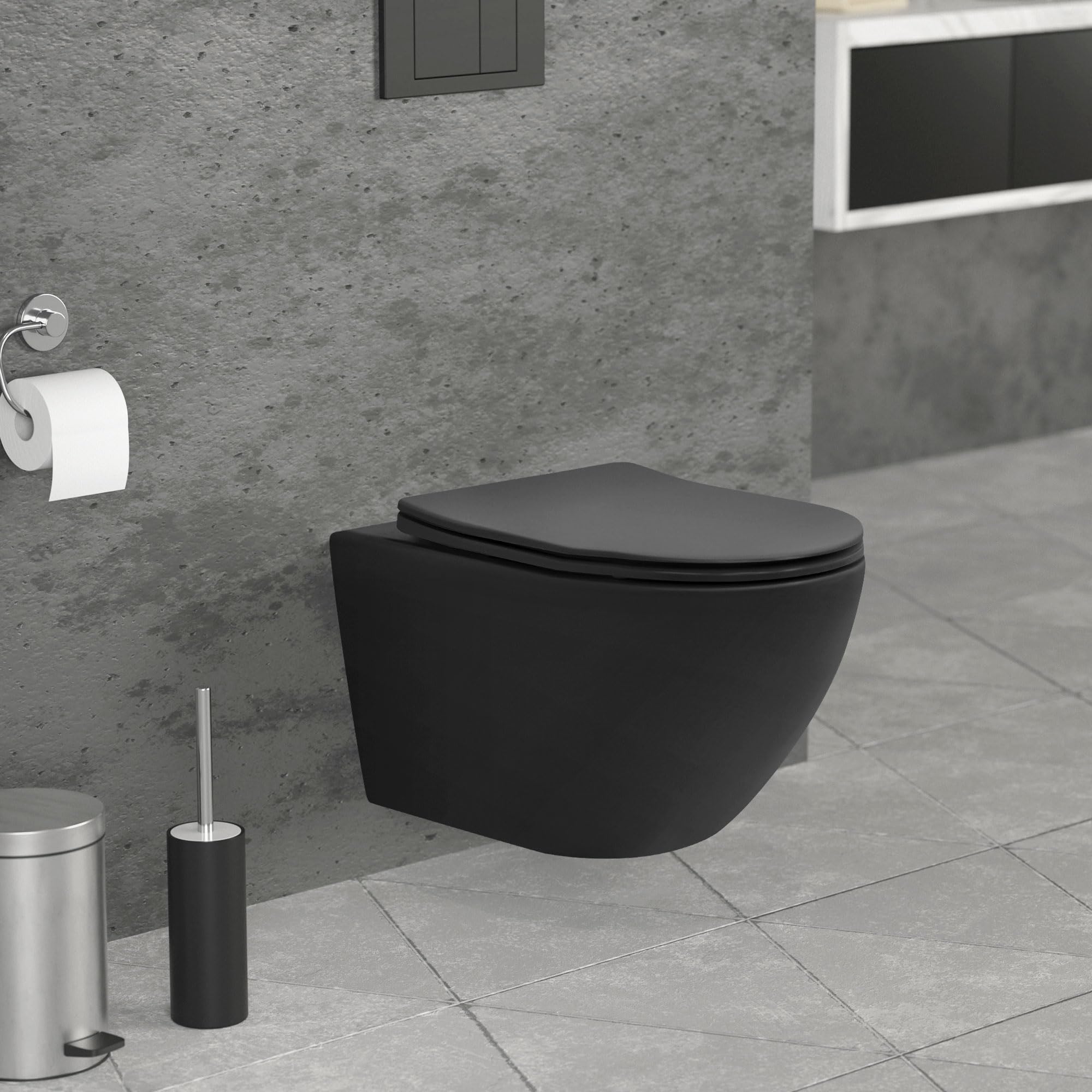 LuxeBath WC Suspendido Negro Mate de Cerámica sin Borde, Inodoro Colgante 54cm Largo con Descarga Profunda de Tornado para Baño, Wáter con Asiento Extraíble y Tapa Softclose
