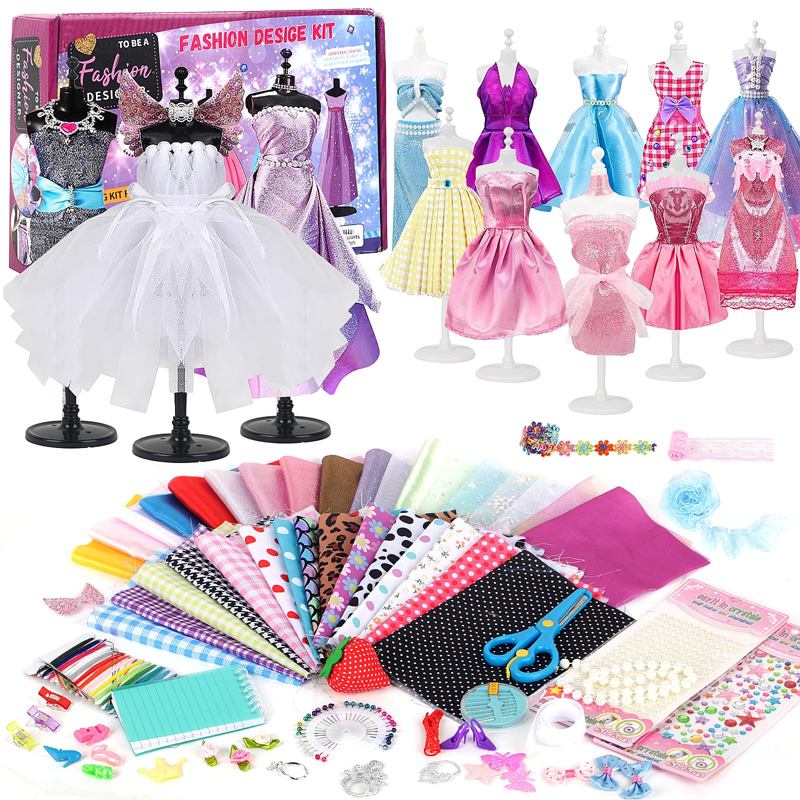 YOCOLE 1000+ Fashion Design Kit, Création de Mode Couture Enfants avec 5 Mannequins, Loisirs Créatifs Activites Manuelles avec Carnet de Croquis, Cadeau D'anniversaire Fille 6 7 8 9 10 11 12 Ans