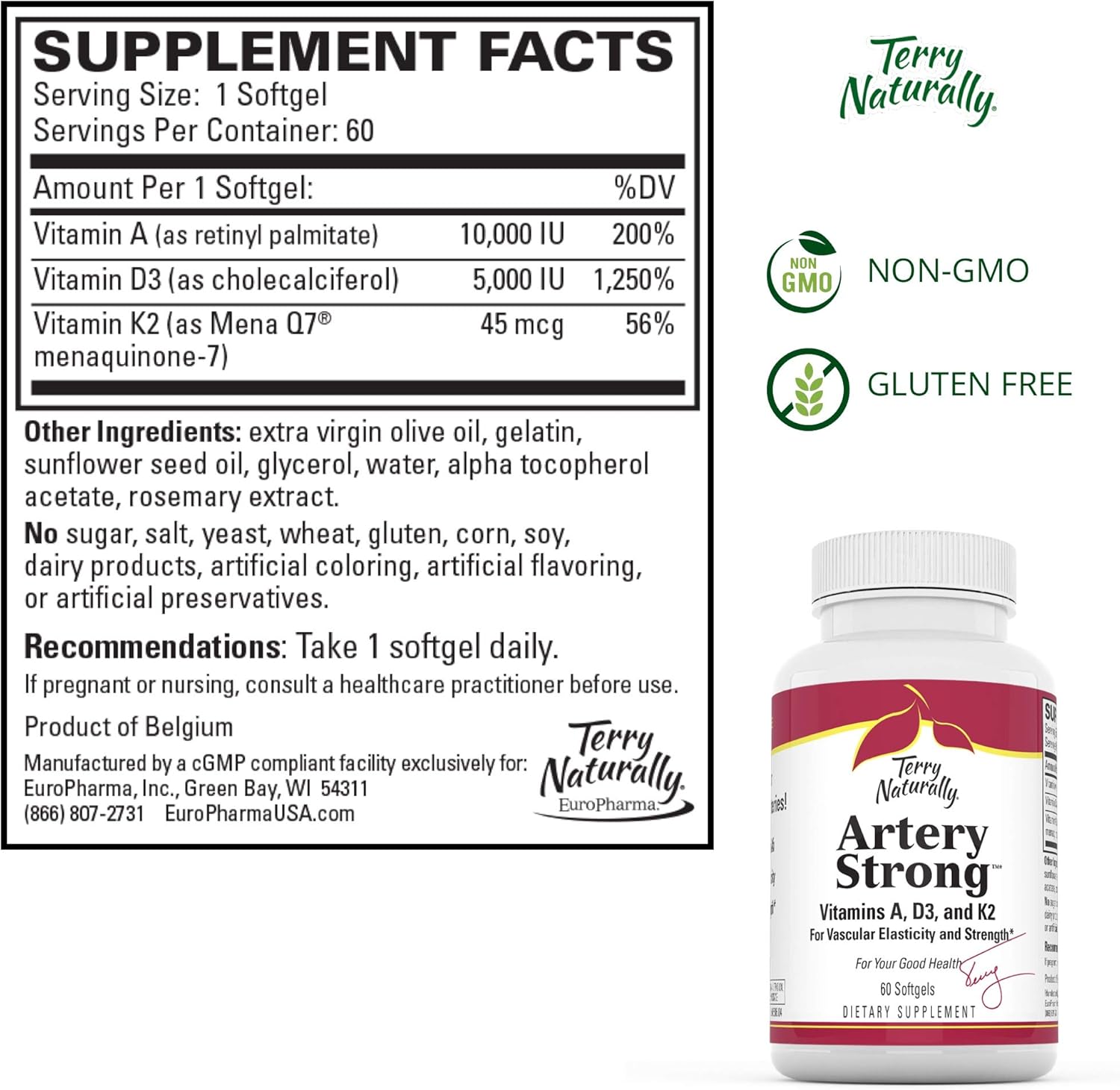 Buy Terry Naturally Artery Strong 60 Softgels Vitamin A, D3 & K2