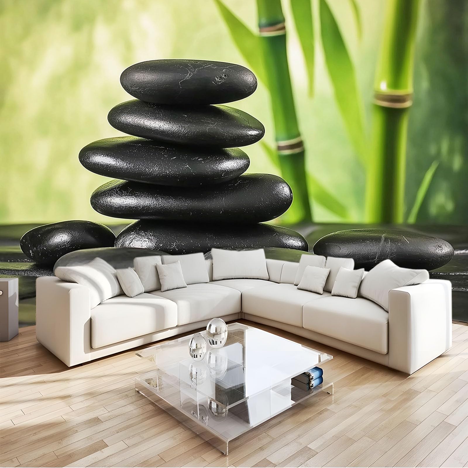 Generico Carta Da Parati Fotografica 3d Effetto Pietra da Meditazione Bambù Moderna Design 250x175 cm Carta per Pareti Soggiorno Camera Da Letto Sala Fotomurali Non Tessuto
