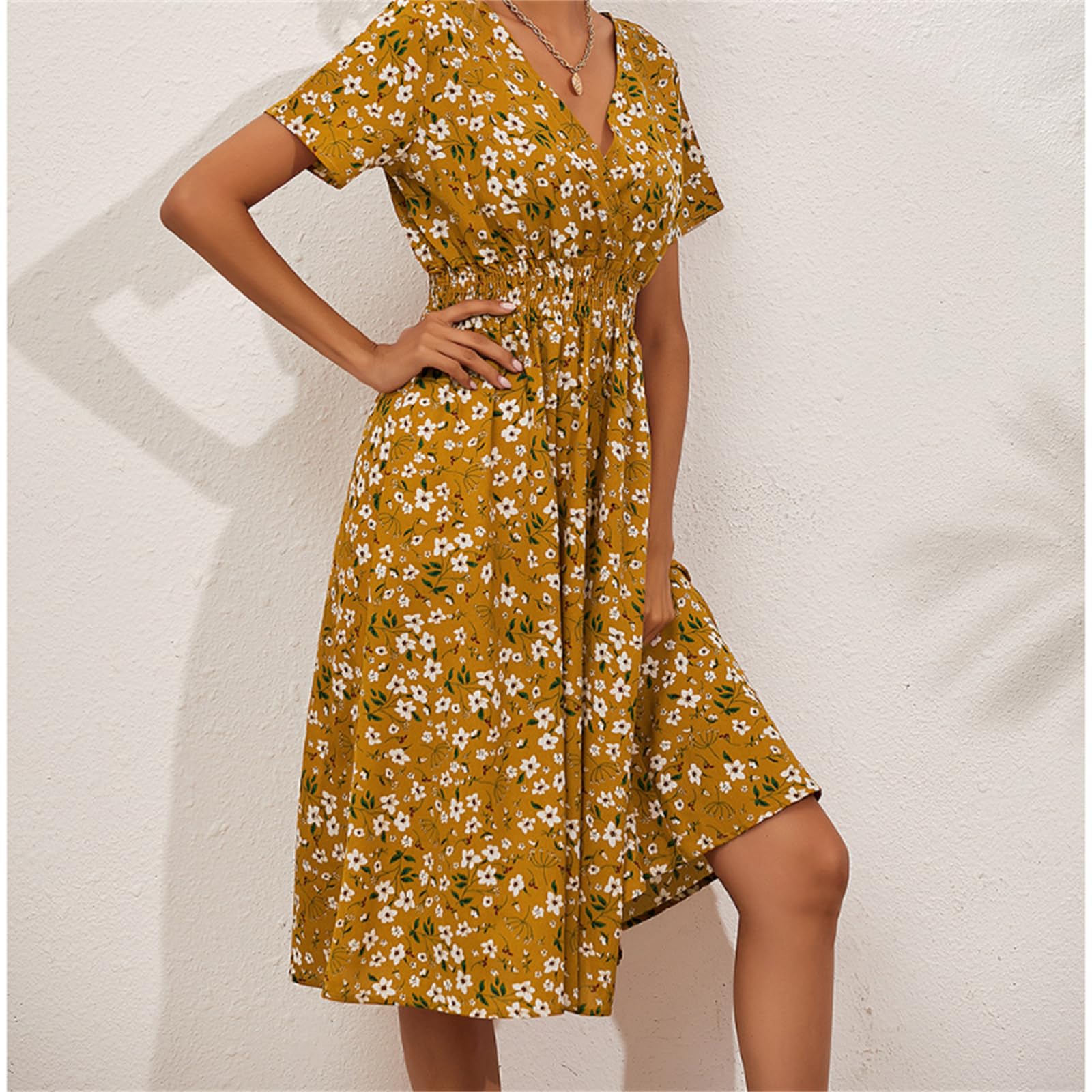Ropa de Verano para Mujeres Ropa de Verano Flores de Manga Corta Vestidos de Tirantes de Cuello V Vestidos de Mujer Casual Hasta la Rodilla, HUTALIM, Blanco, s