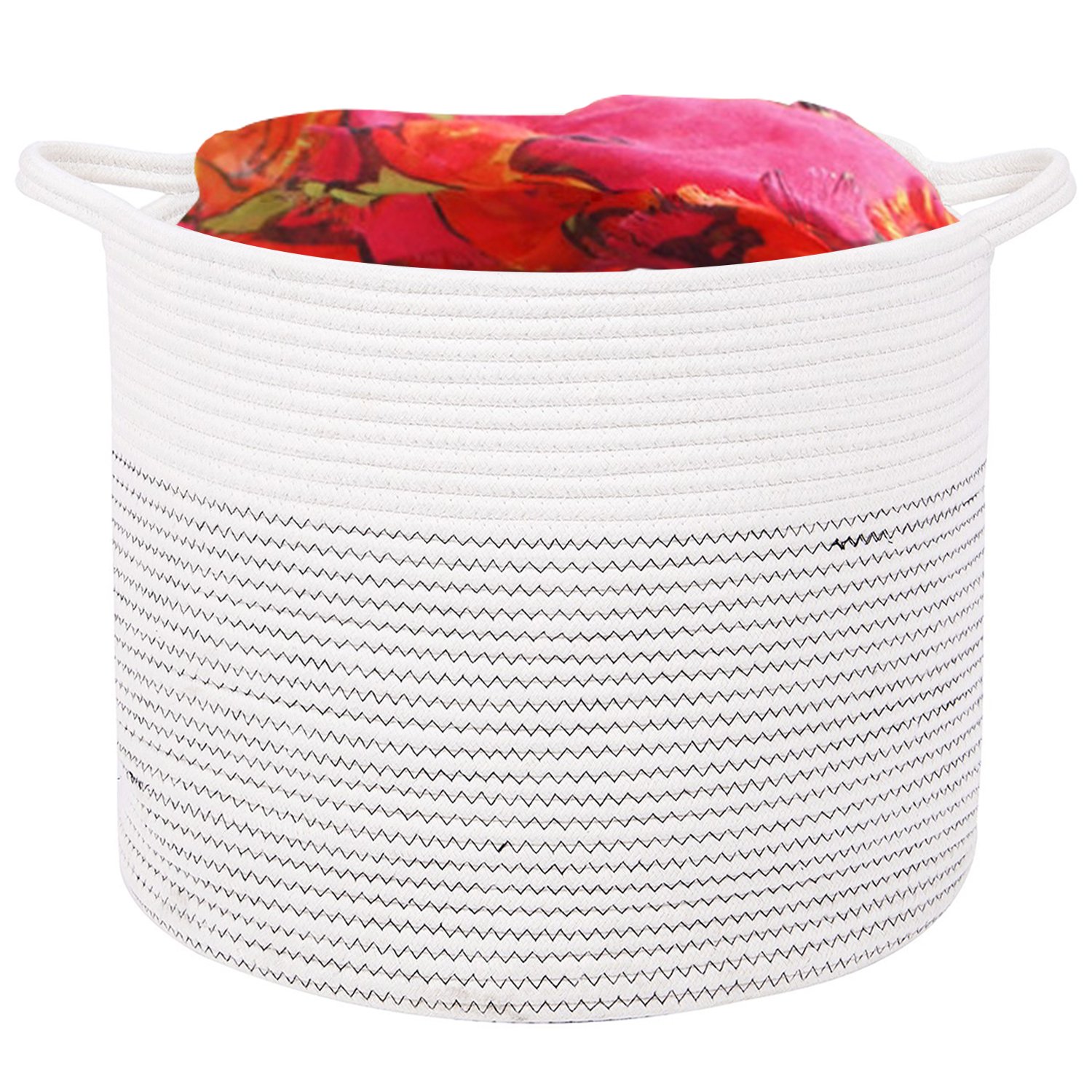 DOKEHOM Large Storage Baskets-15 Inches(D) x 13 Inches(H)- Cotton Rope Basket Woven Baby Laundry Basket with Handle for Diaper Toy Cute Neutral Home Decor (White, M)