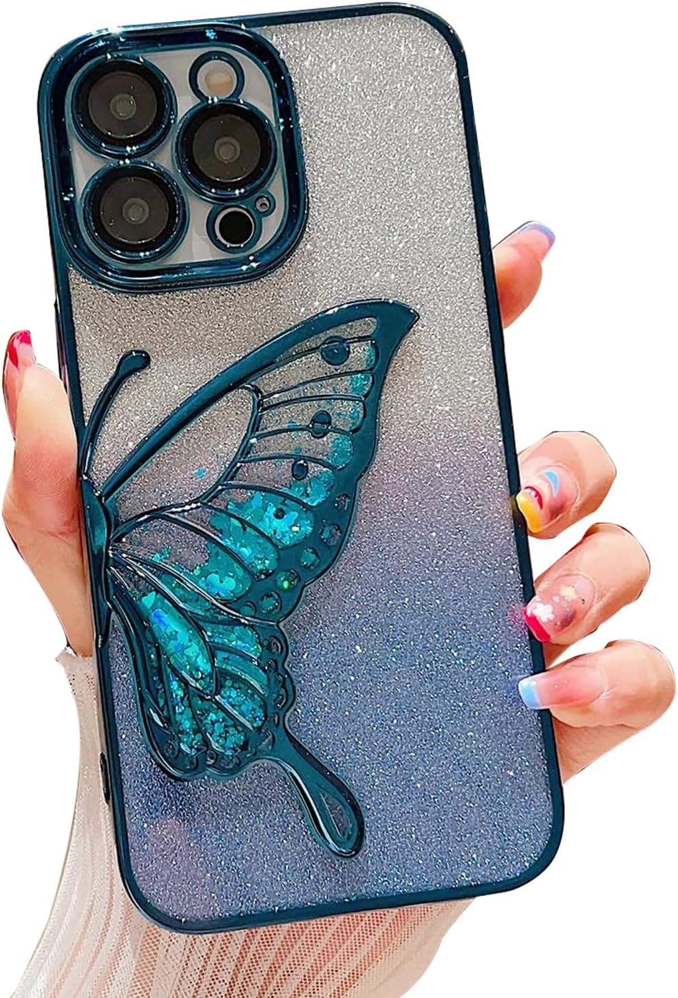 mobistyle Silicone Designed For iPhone 15 Pro Max Cover With Glitter Cute Butterfly Electroplating Design Back Cover Case For Women Teen Girls (Blue)