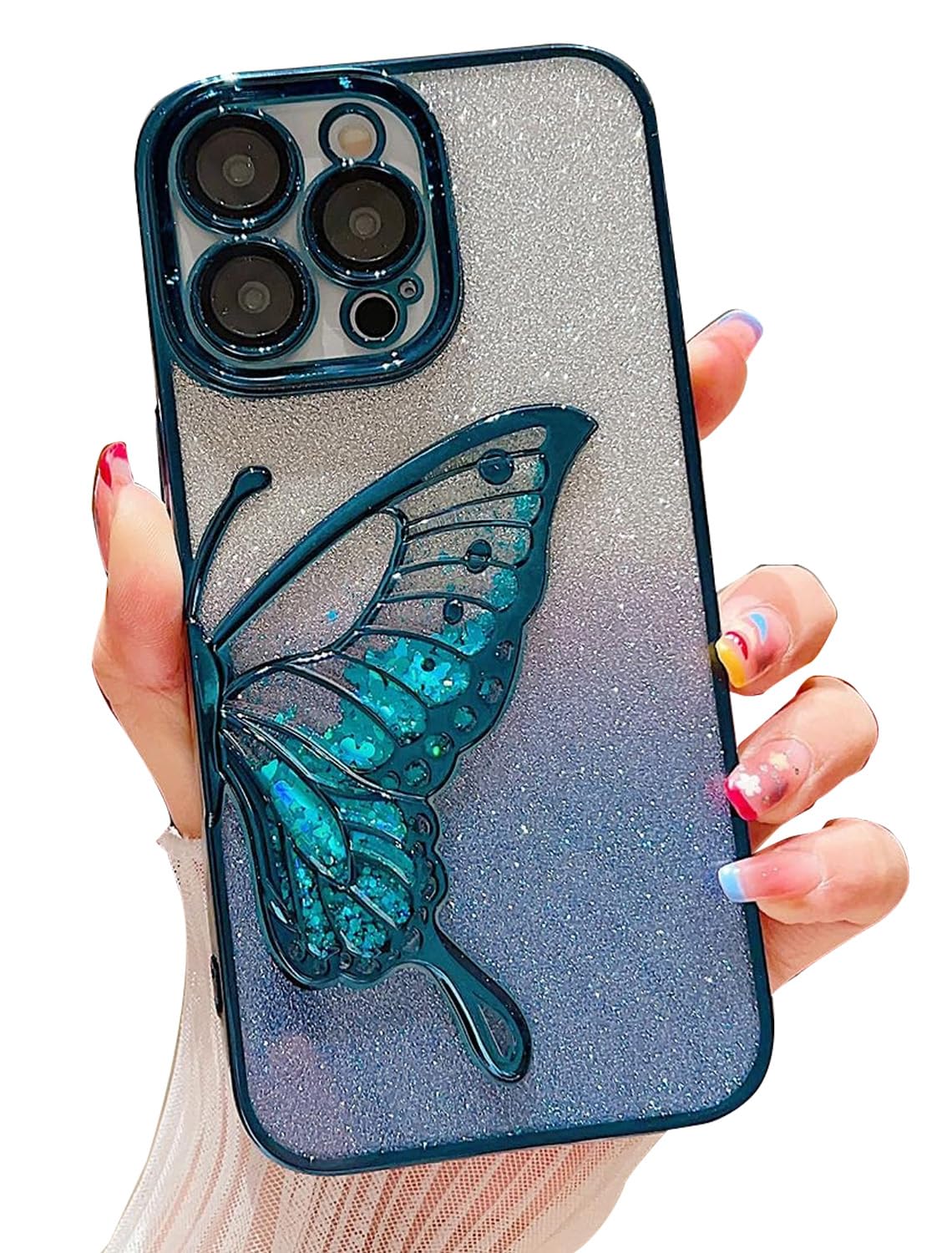 mobistyle Silicone Designed For iPhone 15 Pro Max Cover With Glitter Cute Butterfly Electroplating Design Back Cover Case For Women Teen Girls (Blue)