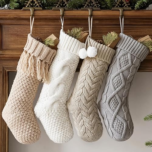 Pawliss Medias de Navidad paquete de 4 medias de punto trenzado de 18 pulgadas para chimenea, acogedoras medias de Navidad colgantes, decoraciones