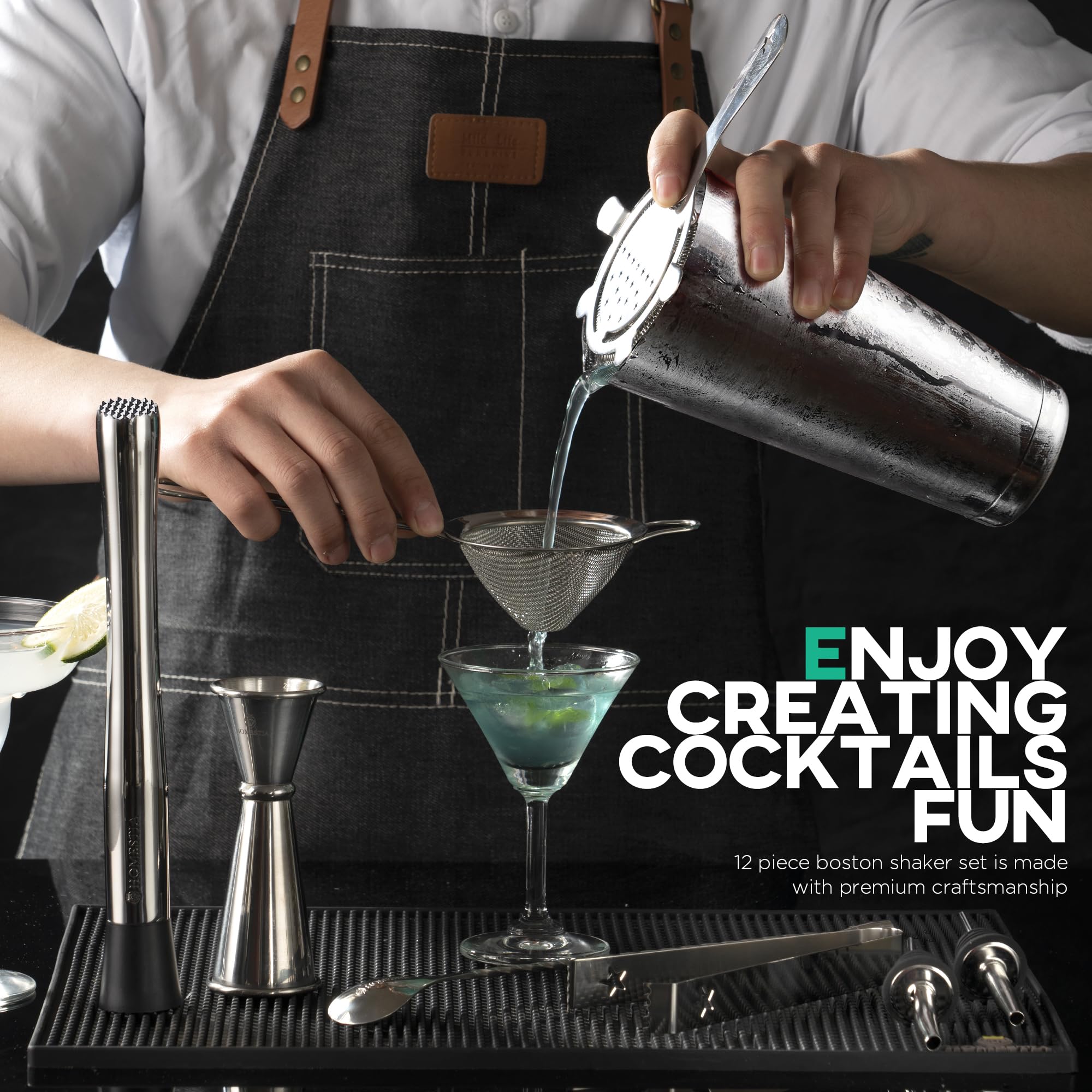Homestia Set di 9 pezzi Boston Shaker in acciaio inossidabile Accessori per carrelli: Shaker Boston Shaker, Jigger, cucchiaio da bar... Shakers per bevande alcoliche