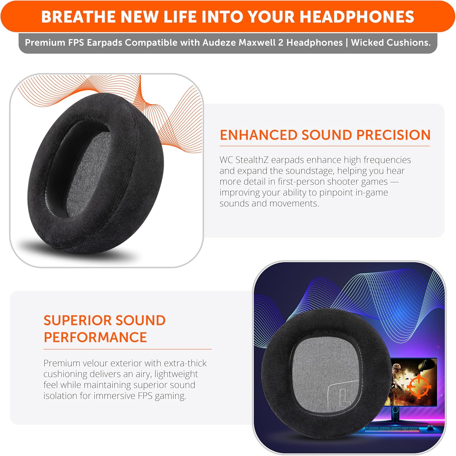 WC StealthZ Maxwell 2 – FPS Oriented Earpads Compatible with Audeze Maxwell 2 Headphones by Wicked Cushions & Gadgetry Tech | Enhanced Sound Precision & Comfort for First-Person Shooter Games | Black