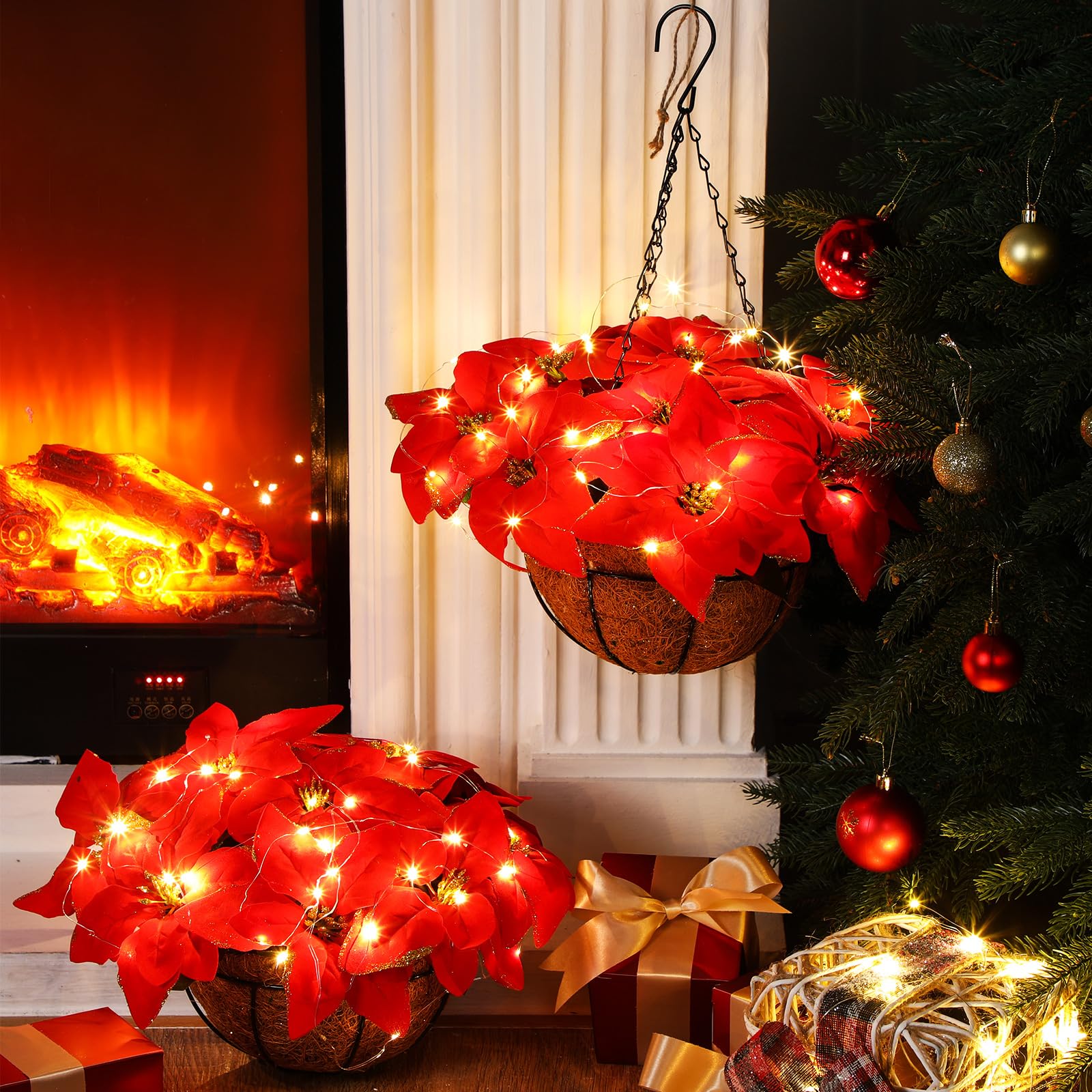 HyDren 2 Pack Pre Lit Artificial Poinsettia Flowers Christmas Hanging ...
