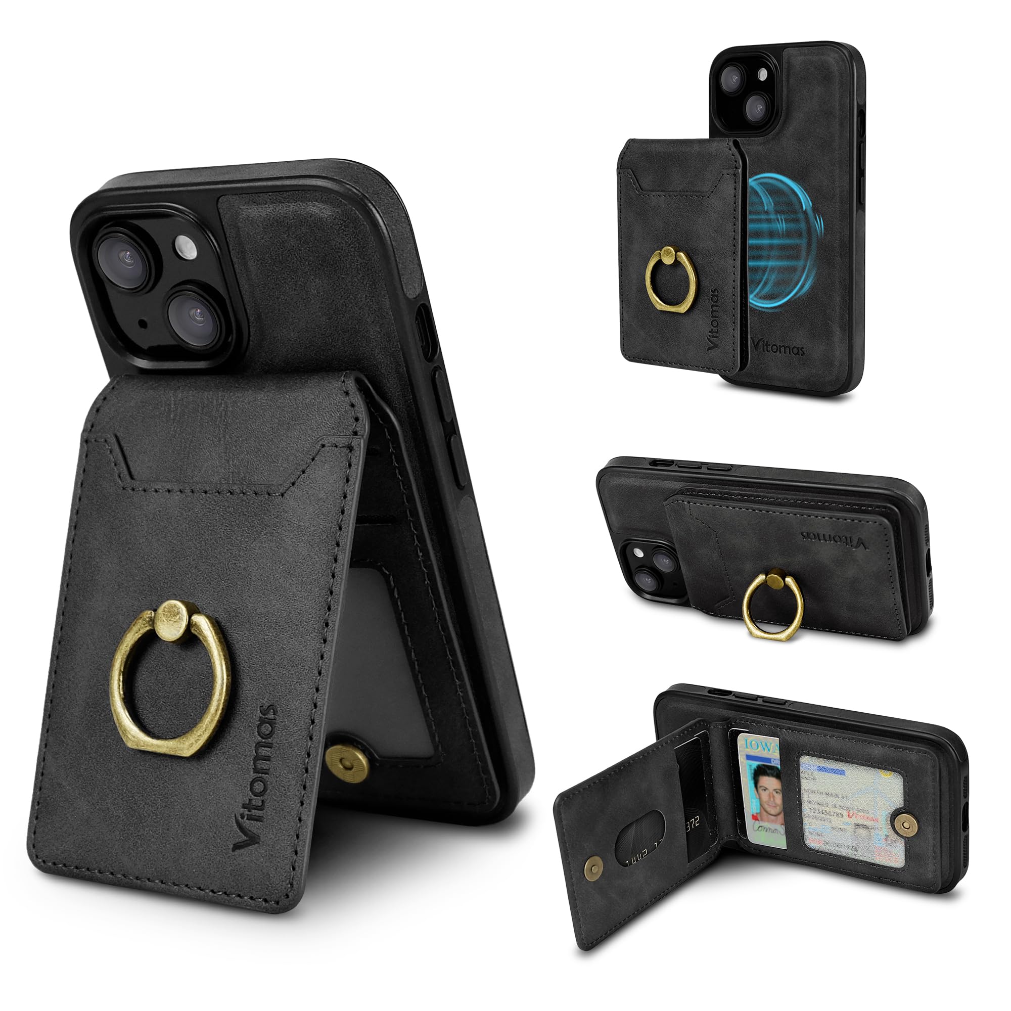 Vitomas 2-in-1 Detachable Card Wallet Case with Rotating Ring for iPhone 15 Case with Card Holder (6.1"), RFID Blocking PU Leather, Kickstand, Holds 5