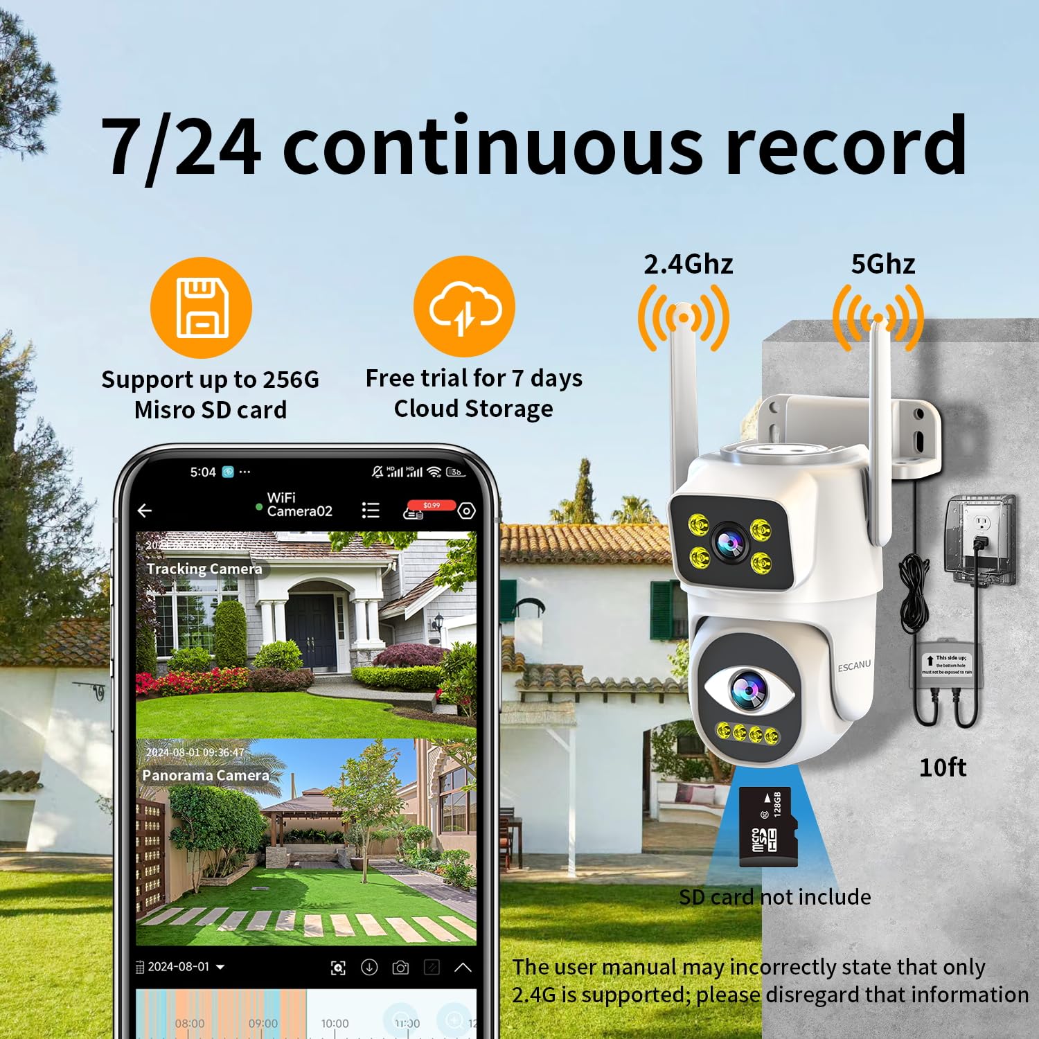 Telecamere a doppia lente per la sicurezza domestica, telecamera plug-in PTZ esterna 2.4G/5G, monitoraggio del movimento, visione notturna, registrazione continua 24/7, funziona con sistema di