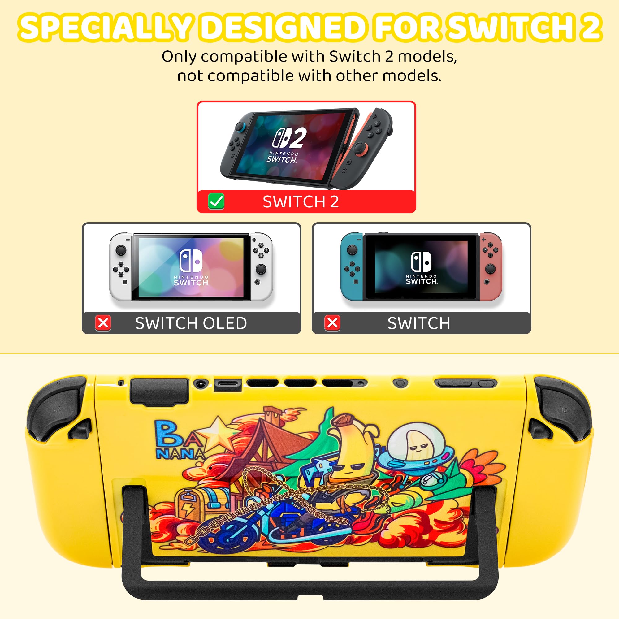 RHOTALL Sac de transport jaune pour Nintendo Switch 2, étui de voyage rigide pour Fortnite Peely, Switch 2 accessoires, étui de protection et sac de rangement avec 12 emplacements et film de