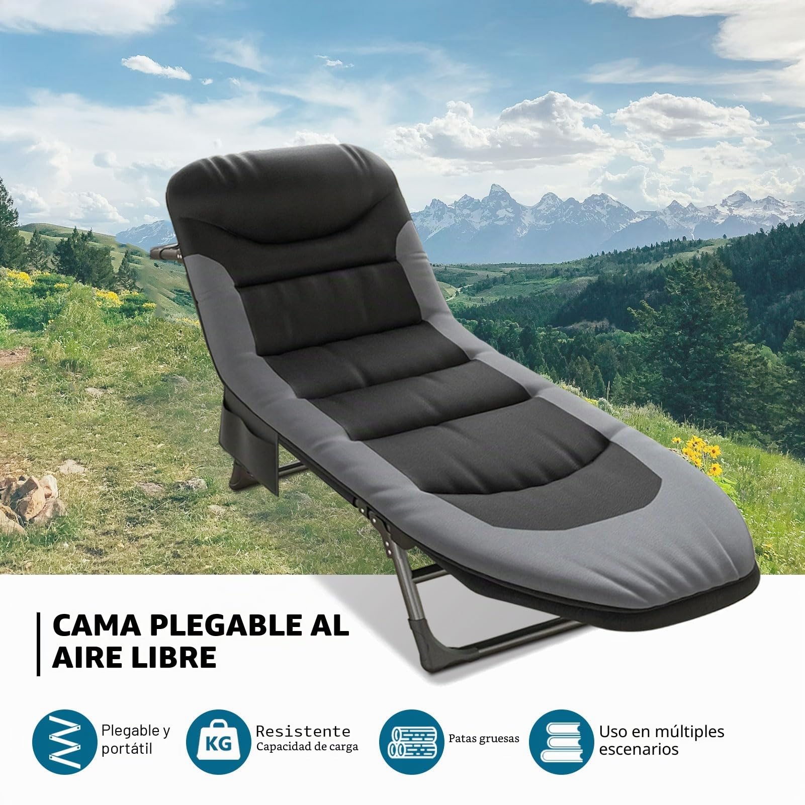 Cama de camping plegable XXL, tumbona de camping, extra ancha, 190 x 65 x 30 cm, cama de camping plegable ligera, tumbona de jardín de 6 posiciones, respaldo ajustable, tumbona para carpas para
