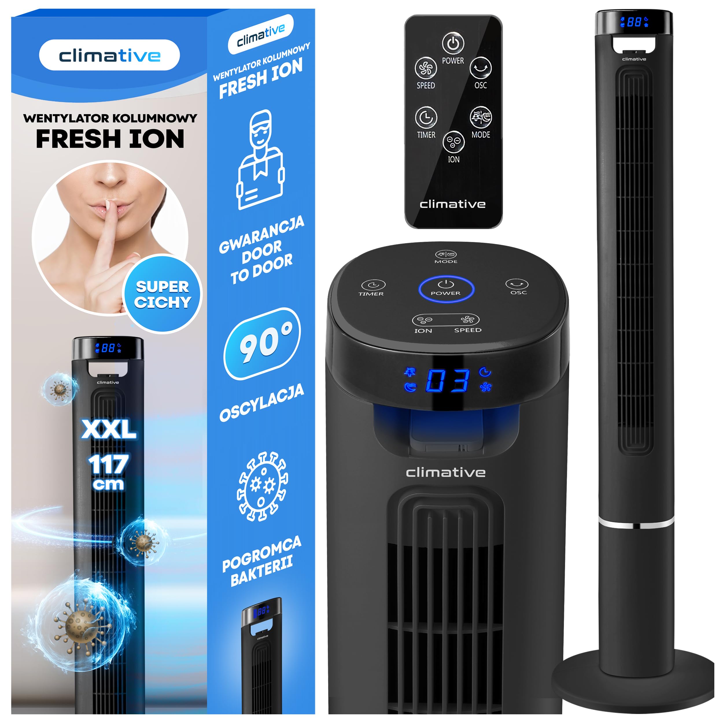 Wentylator kolumnowy XXL FRESH czarny, Jonizator, Wyświetlacz LED, Kąt oscylacji 90°, 3 poziomy, XXL 117 cm, Wentylator wieżowy, Wentylator stojący, chłodzący
