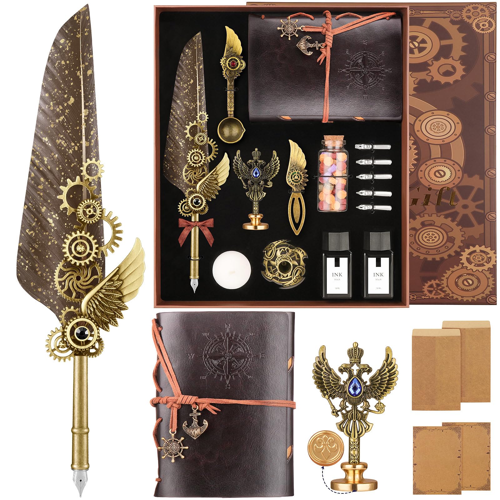 Quill Pen And Ink Calligraphy Set With Leather Notebook & Wax Seal - 19 Piece Writing Kit