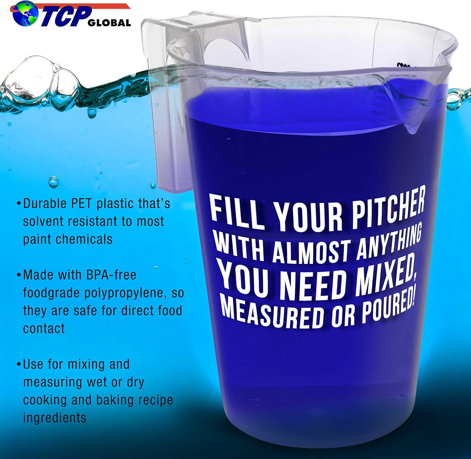 TCP Global 5 Piece Set of Plastic Graduated Measuring and Mixing Pitchers - 500, 1000 Quart, 2000, 3000, 5000 ml Gallon Sizes - Pouring Cups, Measure & Mix Paint, Resin, Epoxy, Kitchen Cooking Baking