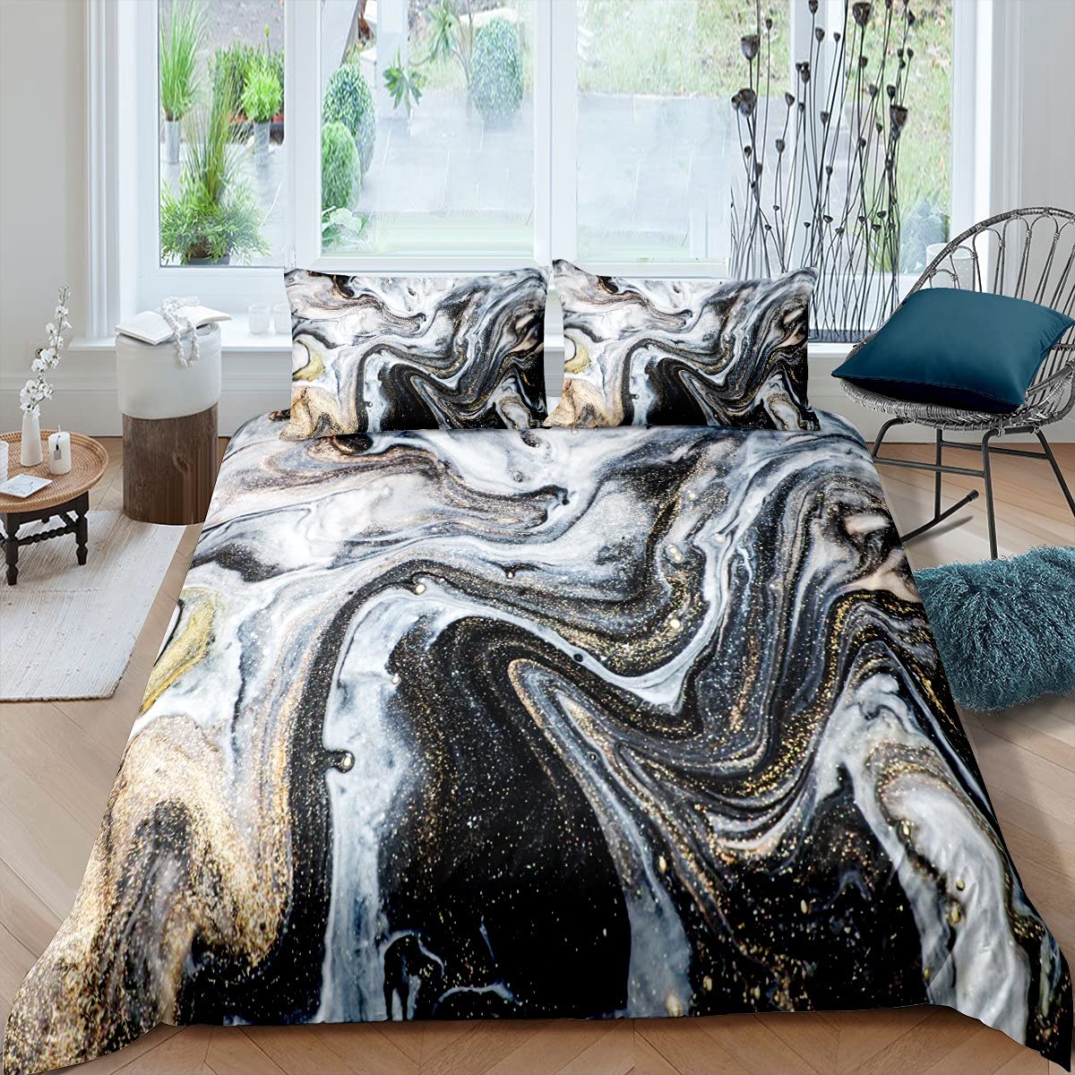 Set di biancheria da letto con copripiumino nero marmorizzato con paillettes metallizzate, set di biancheria da letto king size in marmo grigio scuro, set di biancheria da letto astratta estetica